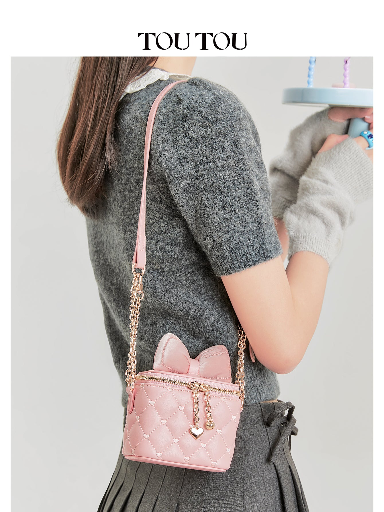 TOUTOU Cute Pink Mini Crossbody Bag with Velvet Bow - Quilted Heart Pattern Purse for Women