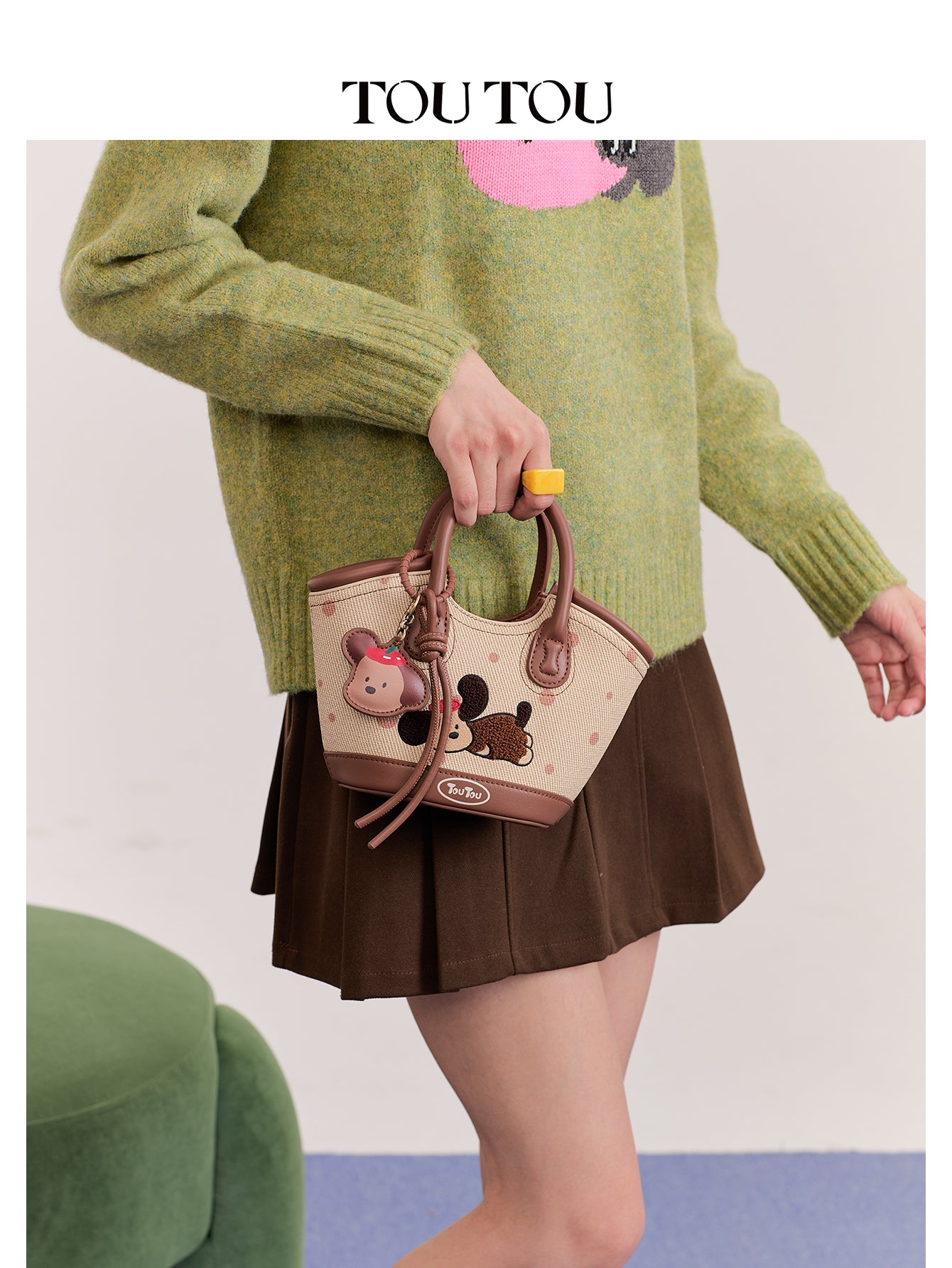TOUTOU Cartoon Dog Embroidered Tote Bag - Mother-Daughter Set with Removable Strap & Cosmetic Pouch