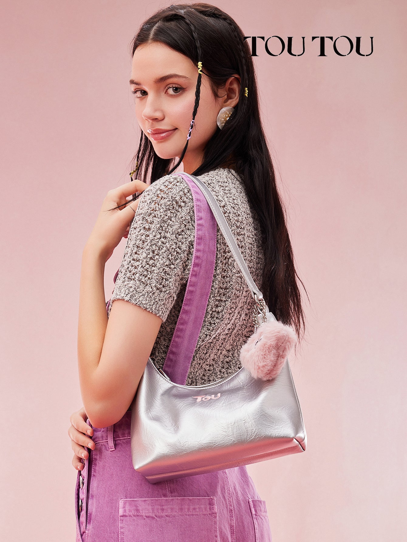 TOUTOU Metallic Hobo Bag with Plush Pendant: Shiny & Cute