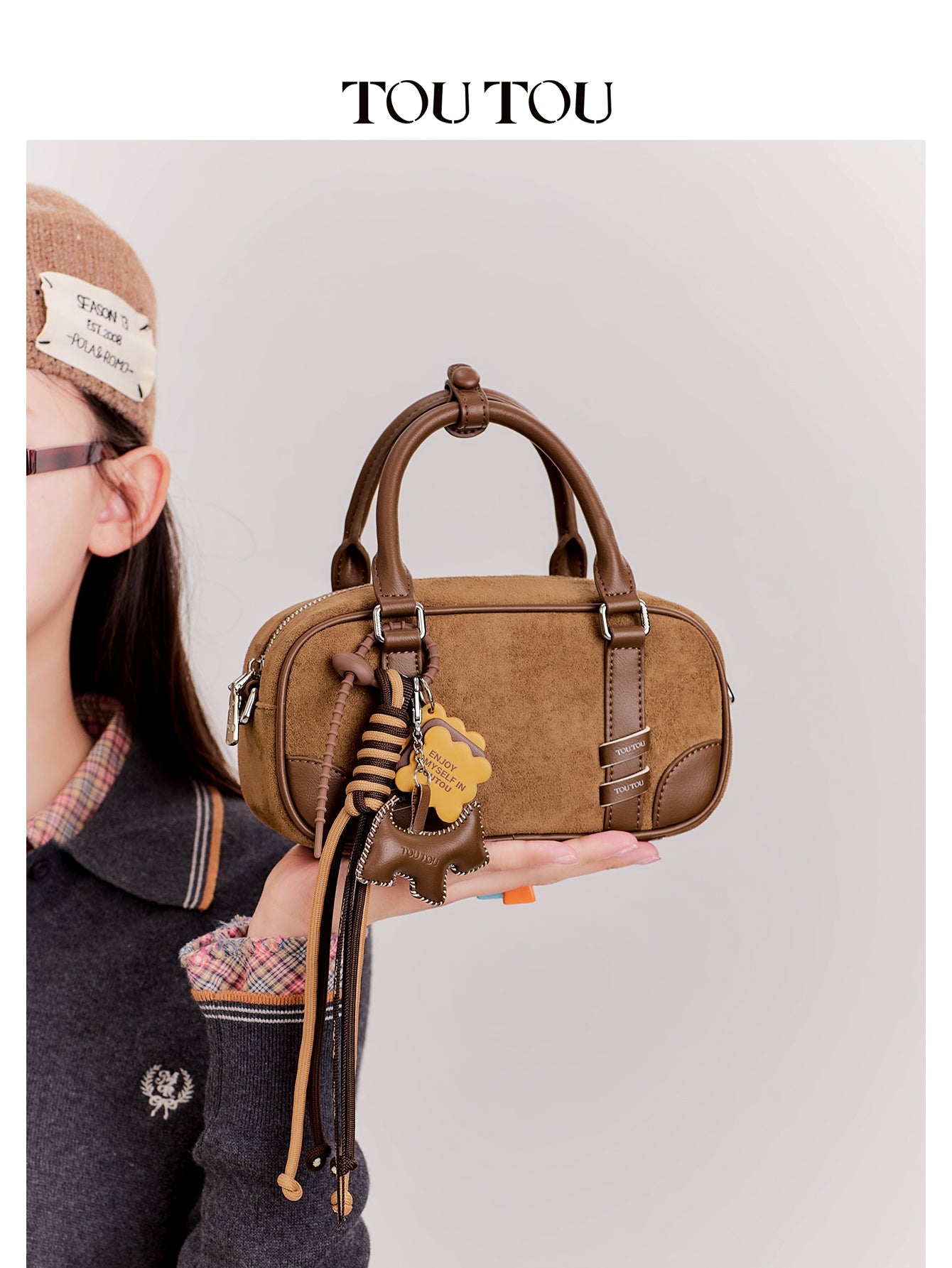 TOUTOU Brown Suede Boston Bag with Cute Pendant: Stylish & Compact