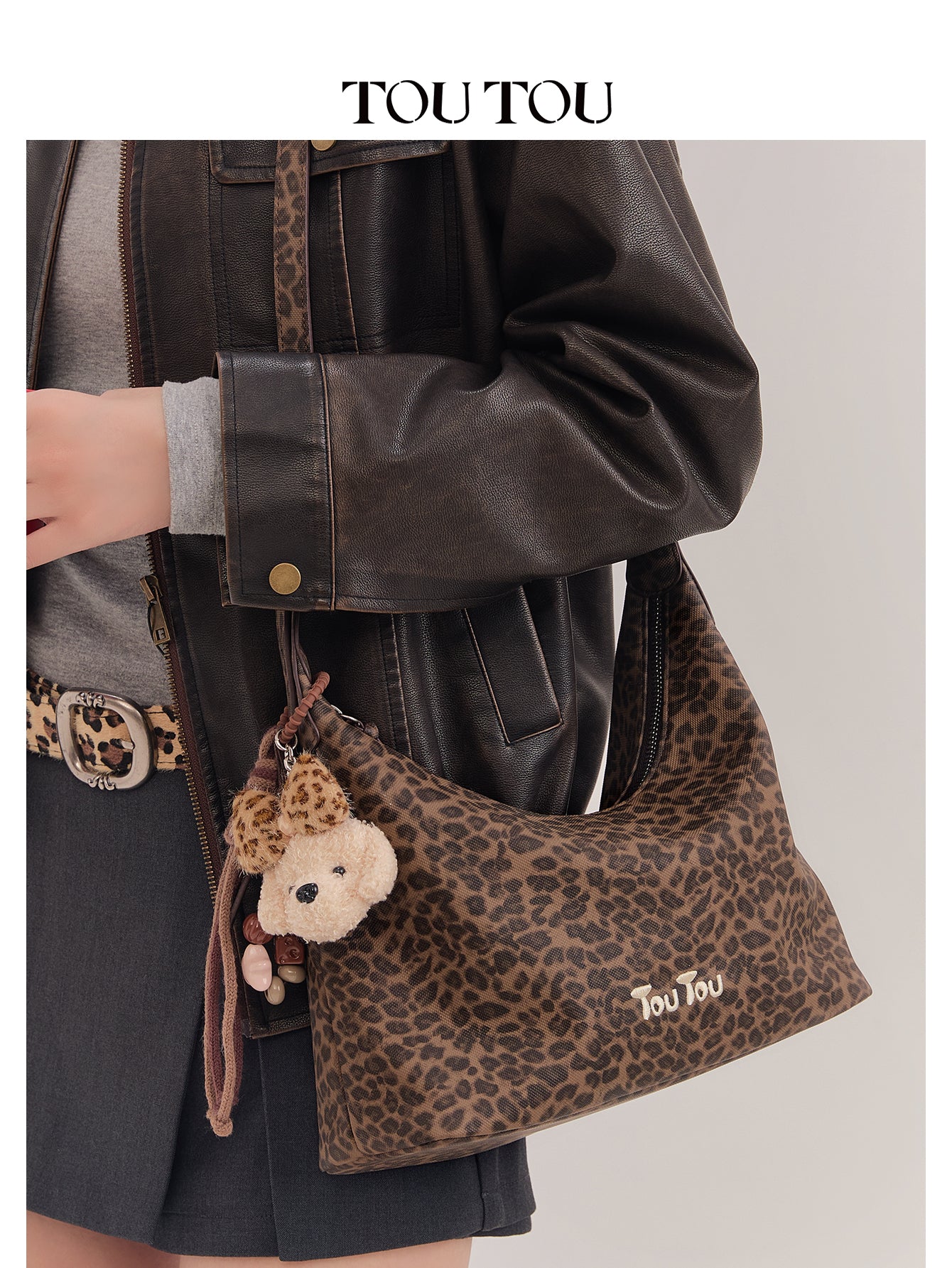 TOUTOU Leopard Print Hobo Bag for Women with Plush Puppy Pendant | Adjustable Strap & Synthetic Leather