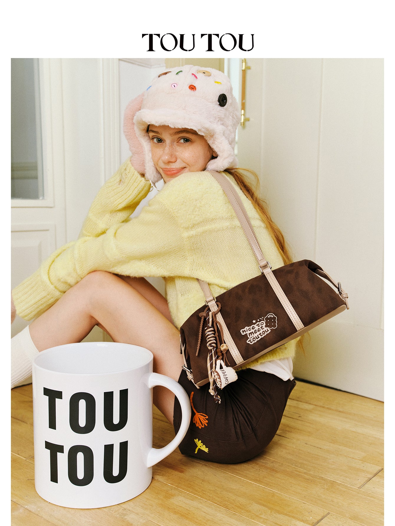 TOUTOU Brown Hobo Shoulder Bag - Cute "Nice to Meet Toutou" Embroidery & Coffee Charm, Fits 8.3" Tablet