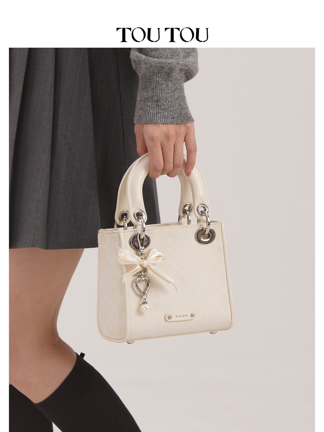 TOUTOU Embroidered Mini Handbag Bag: Bow & Pearl Charm, 3 - Color Options