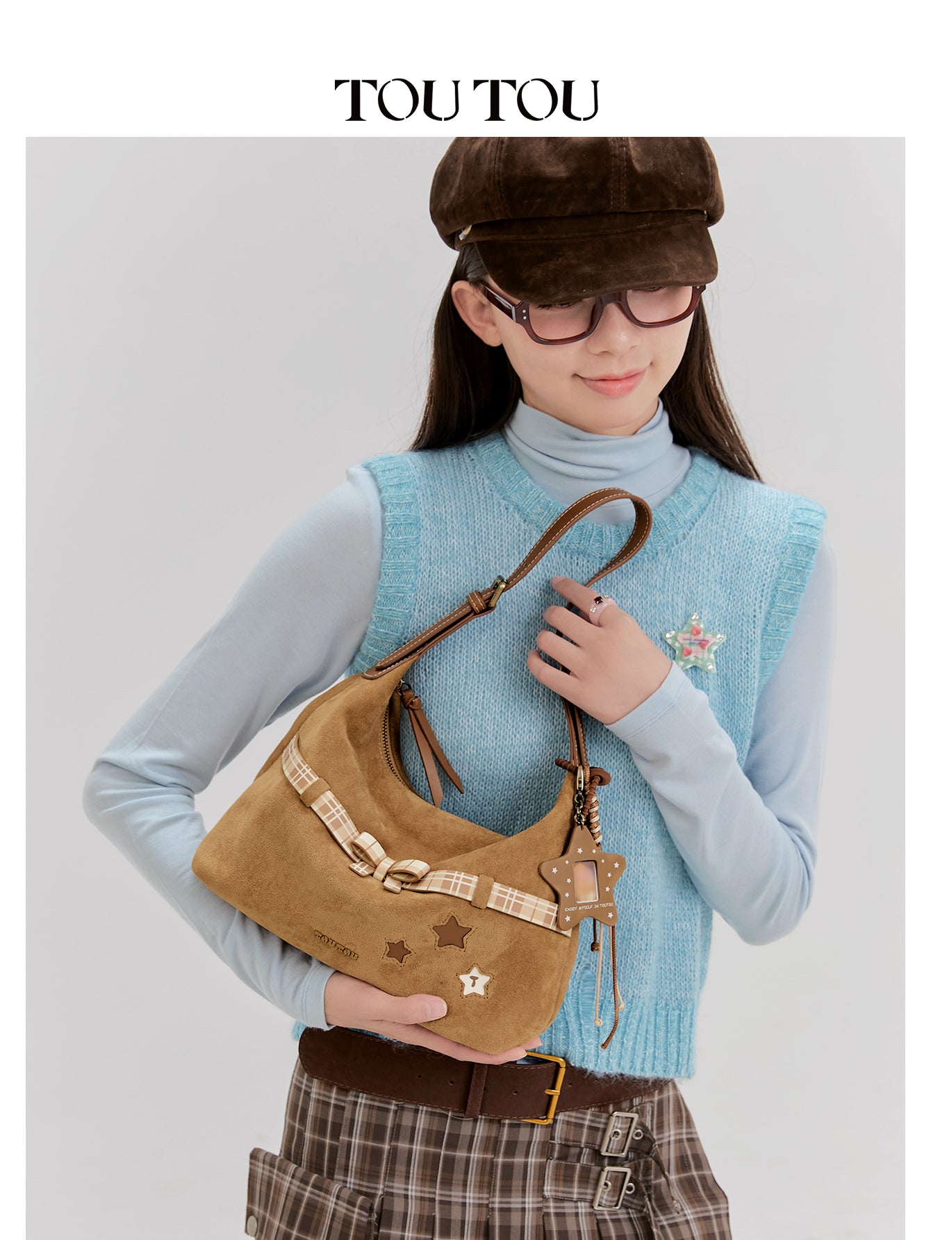 TOUTOU Cute Star & Bow Hobo Bag for Women - Brown Suede-Like Shoulder Bag with Multiple Pockets