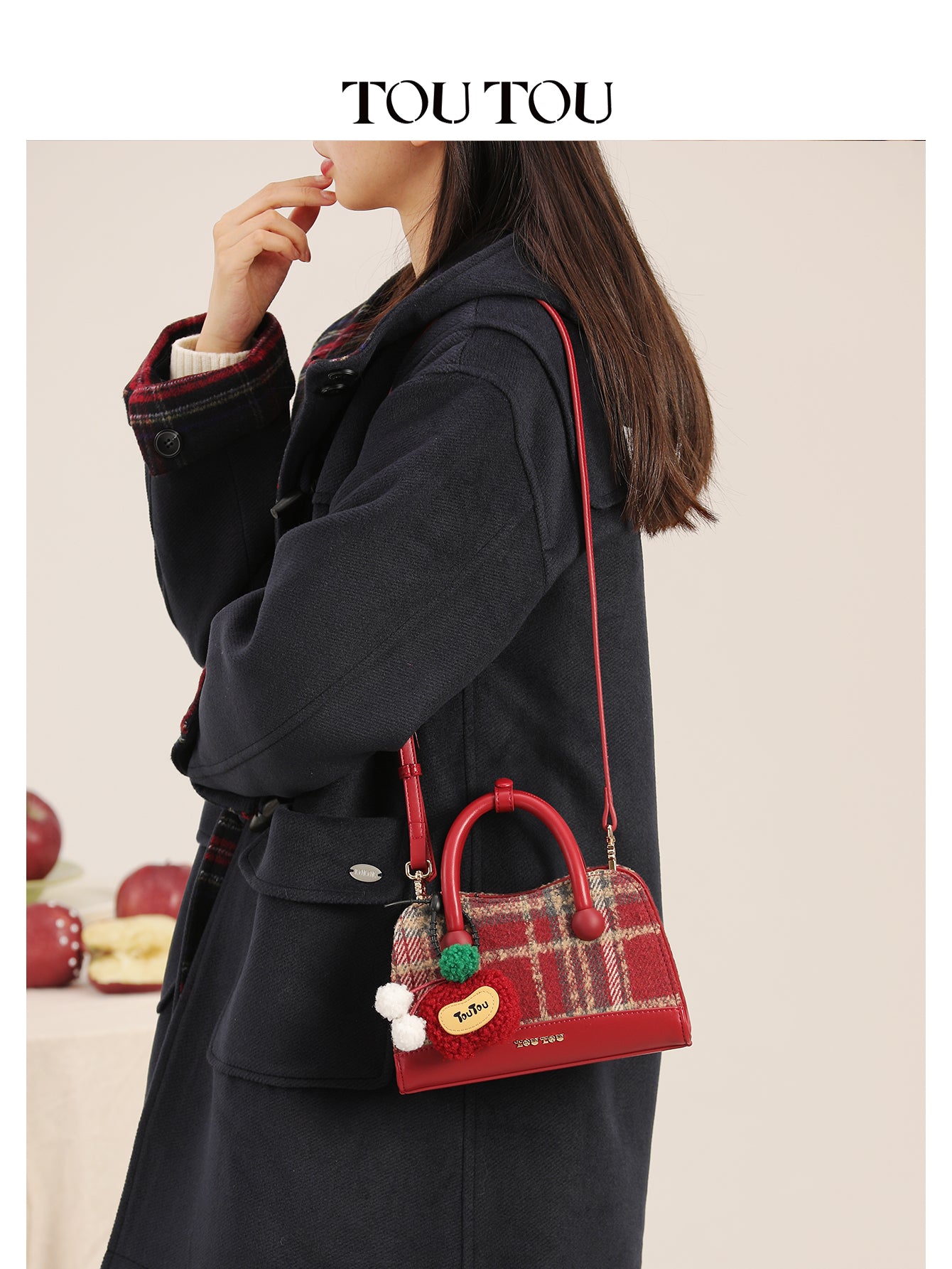 TOUTOU Plaid Mini Handbag - Cute Apple Charm, 2-Way Carry (Handheld & Crossbody), Vintage Checkered Design