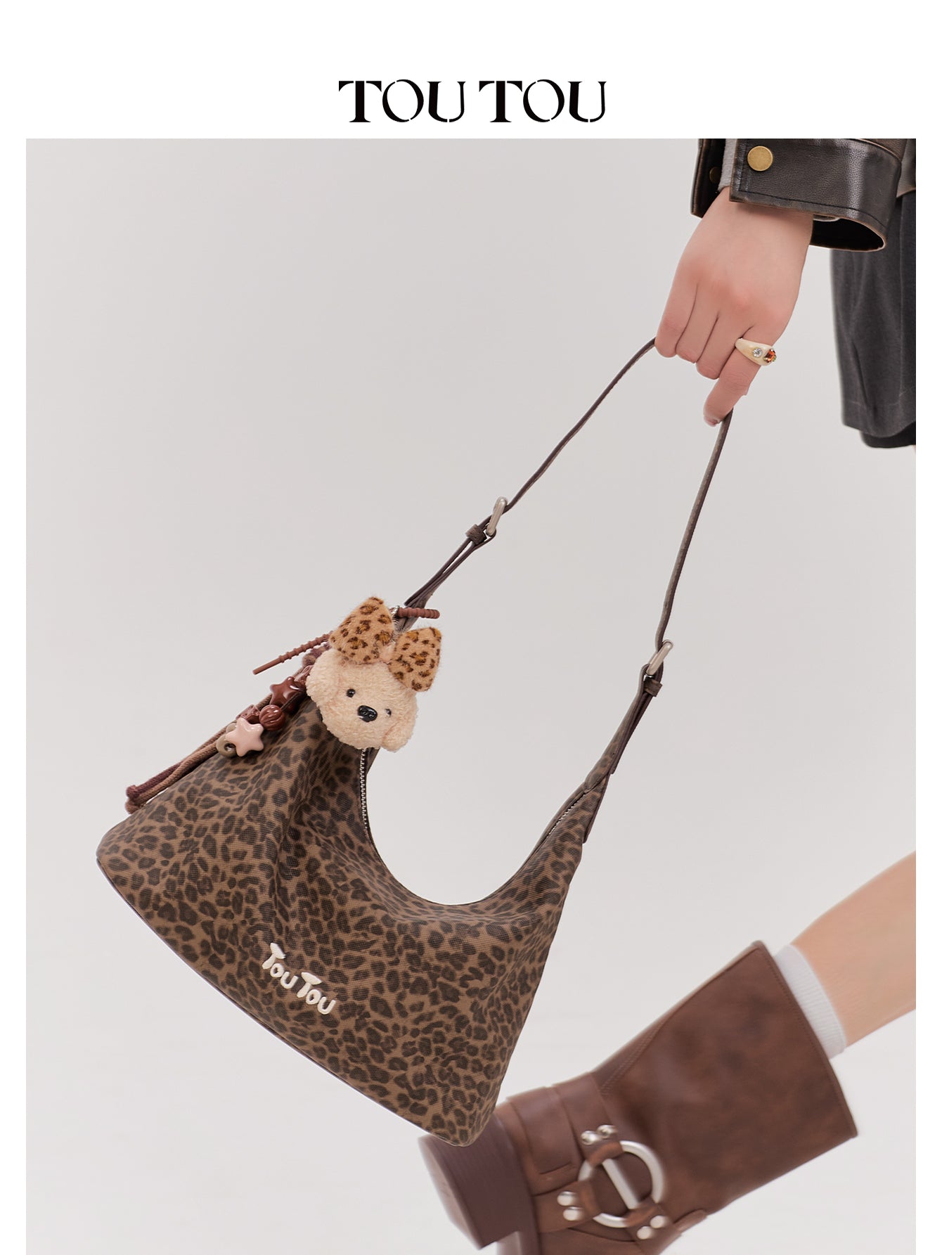TOUTOU Leopard Print Hobo Bag for Women with Plush Puppy Pendant | Adjustable Strap & Synthetic Leather