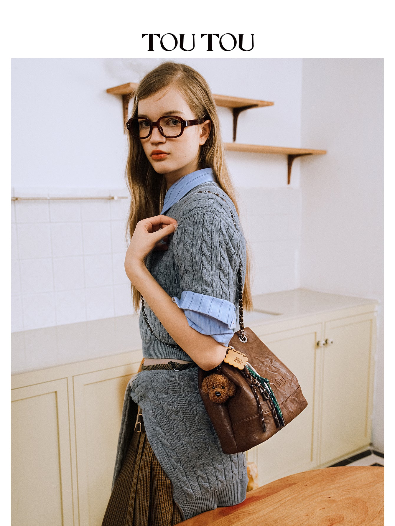 TOUTOU Brown Bucket Bag with Plush Dog Pendant | Adjustable Chain Strap & Microfiber Leather
