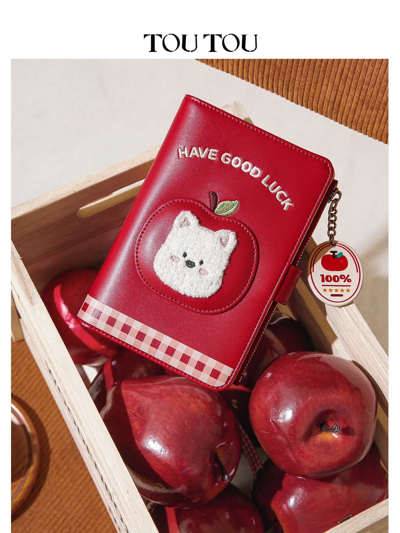 TOUTOU Cute Red “Have Good Luck” Wallet - Lucky Cat & Apple Charm, Multi-Slot Organizer for Cards, Cash & Passport