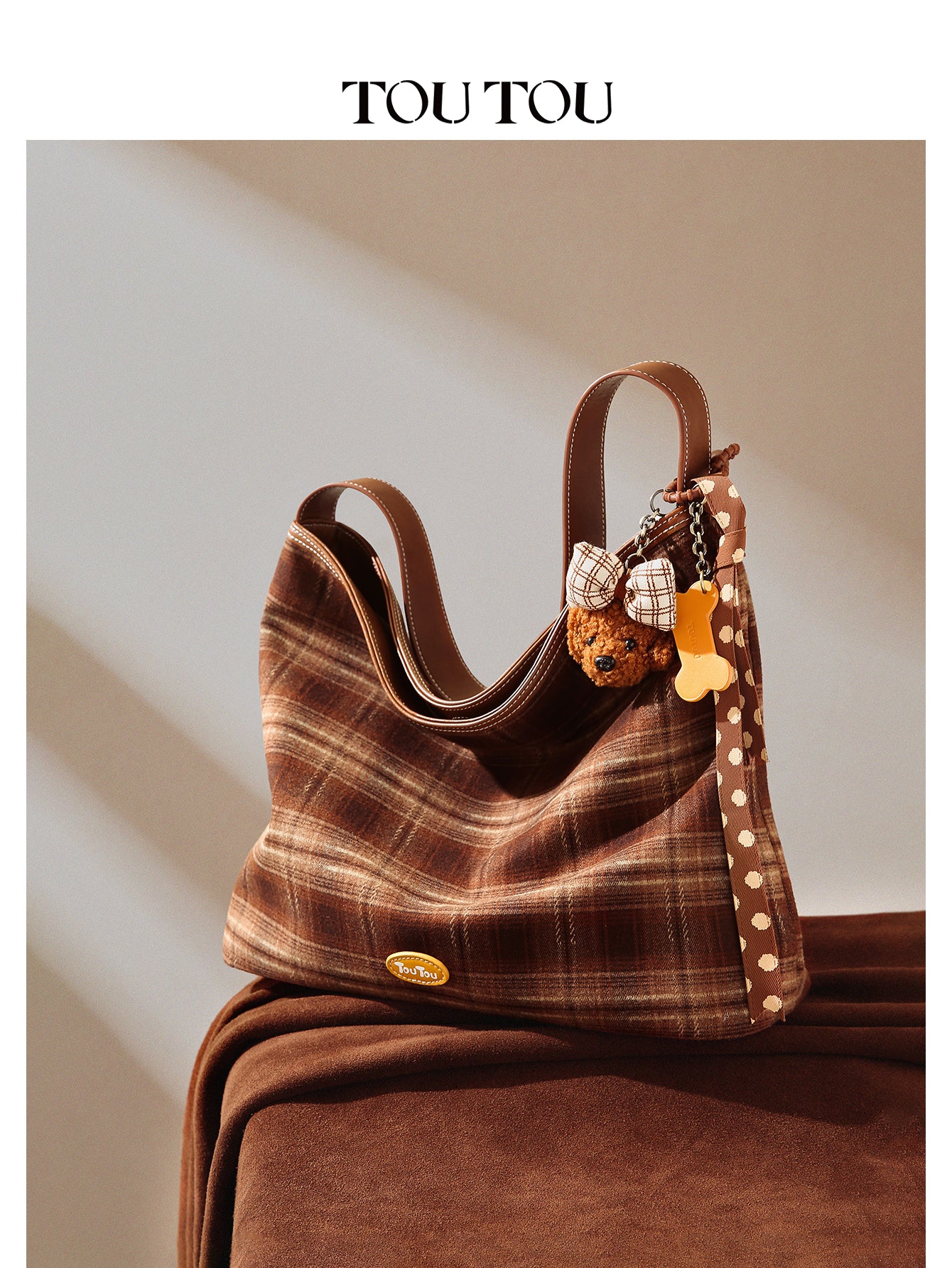 TOUTOU Plaid Hobo Bag for Women - Plush Teddy Pendant, Large Capacity Tote Fits 13" Laptop