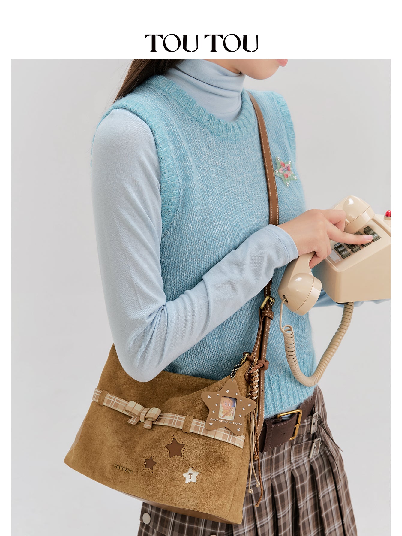 TOUTOU Cute Star & Bow Hobo Bag for Women - Brown Suede-Like Shoulder Bag with Multiple Pockets