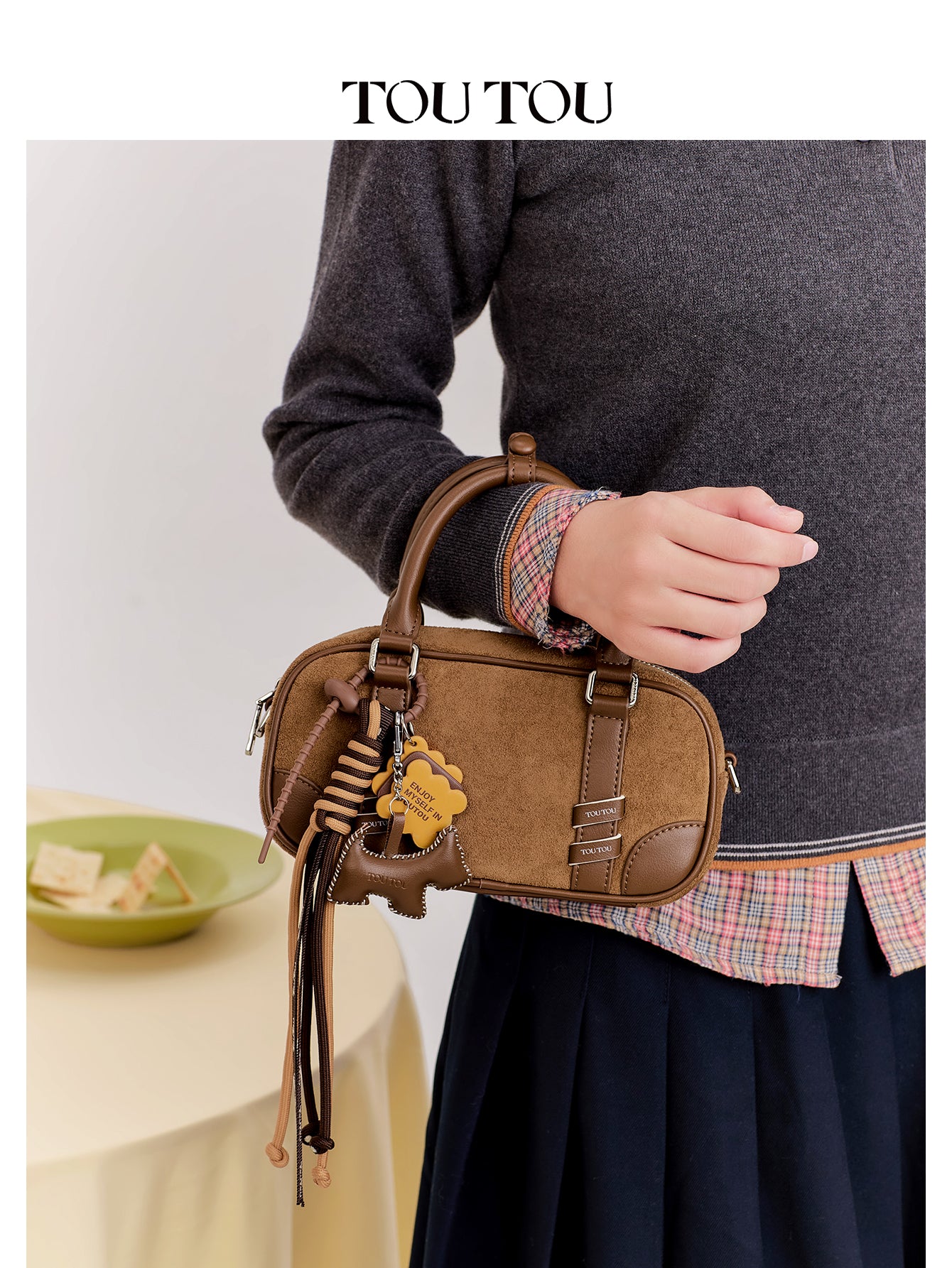 TOUTOU Brown Suede Boston Bag with Cute Pendant: Stylish & Compact