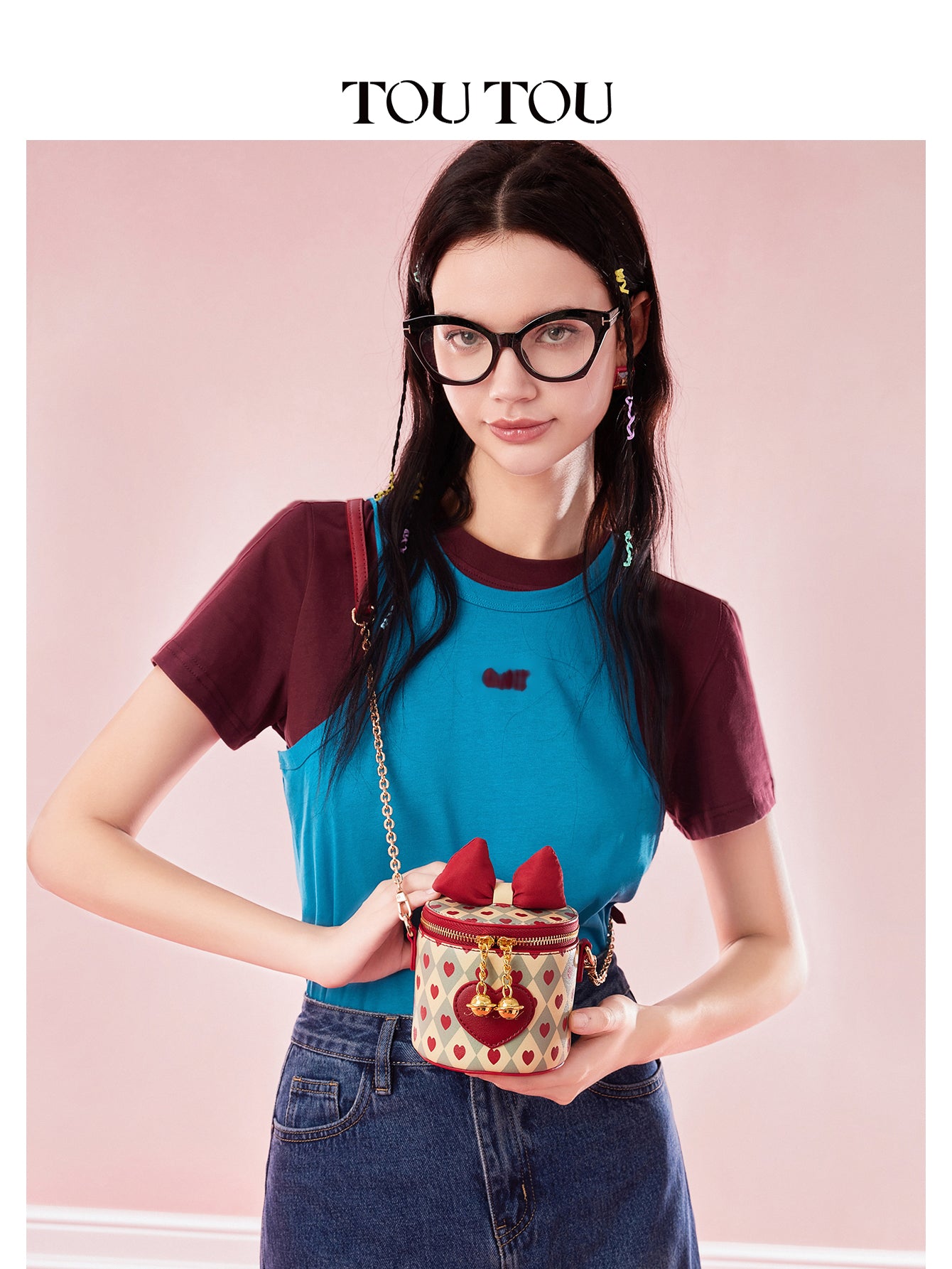 TOUTOU Heart Print Cylinder Crossbody Bag - Cute Bow Decor Mini Shoulder Bag with Chain Strap
