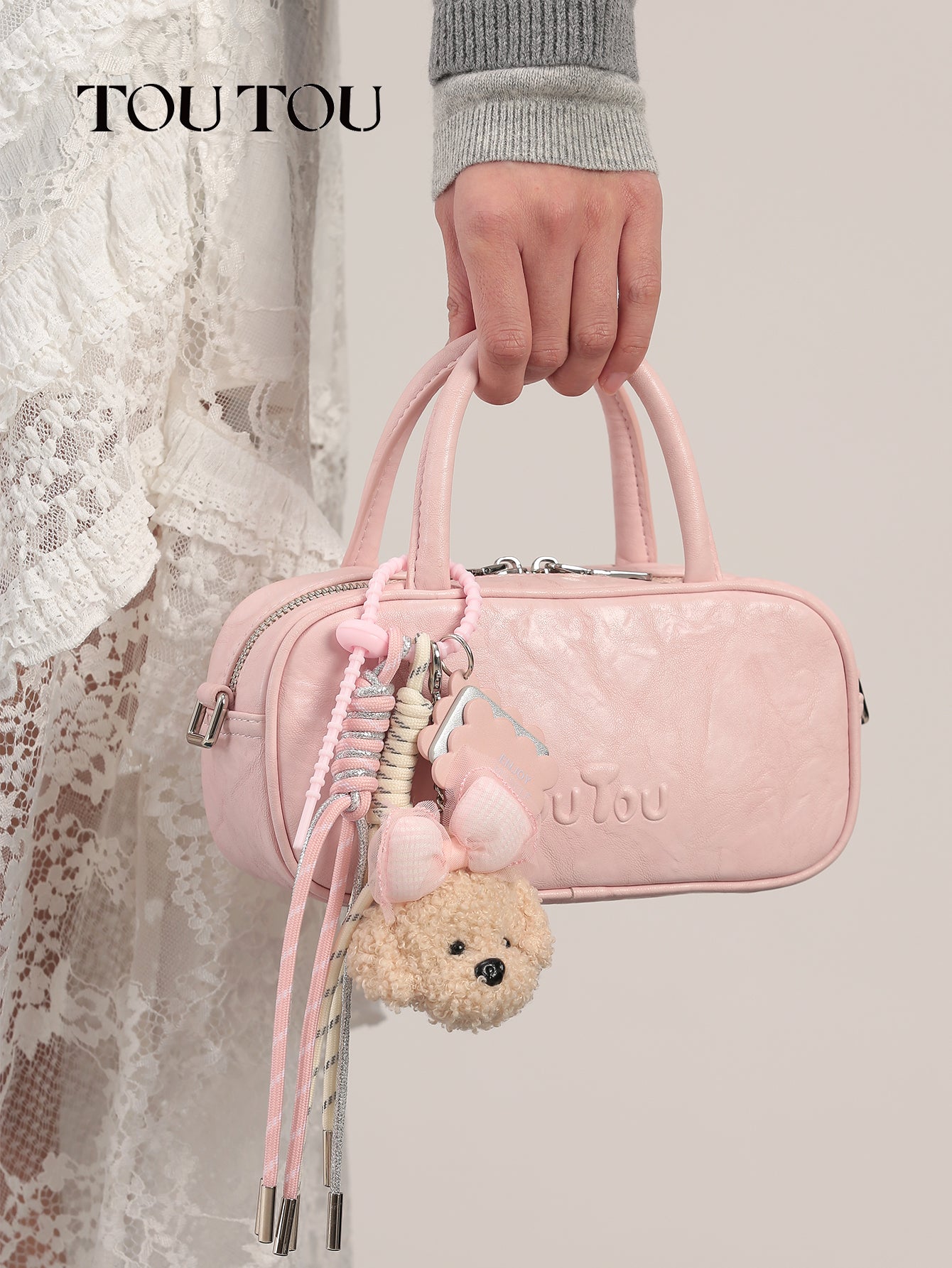 TOUTOU Pink Mini Barrel Bag with Plush Puppy Pendant: Sweet & Stylish Daily Companion