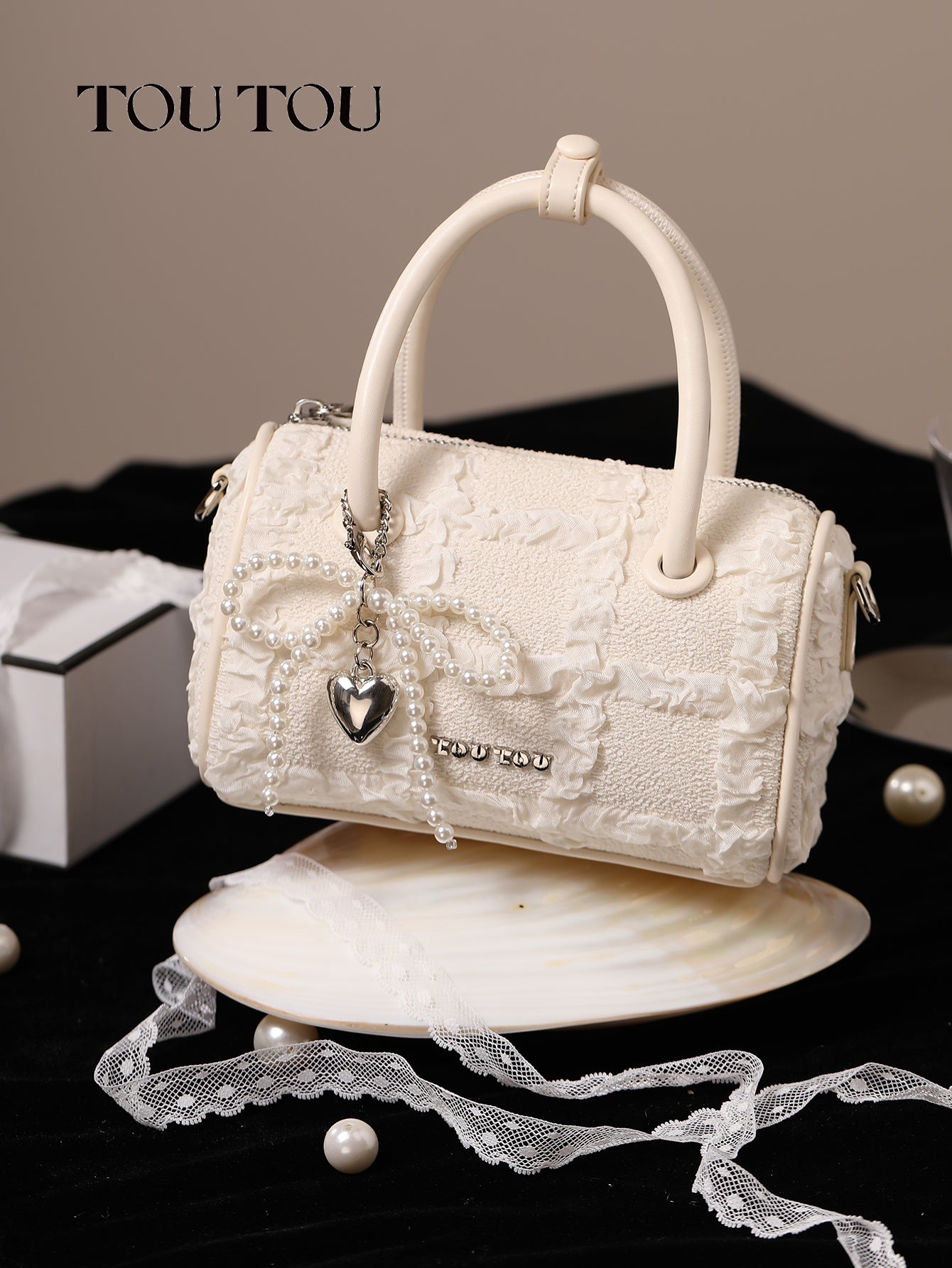 TOUTOU Mini White Barrel Bag: Lace - Trimmed & Pearl - Accented Elegance