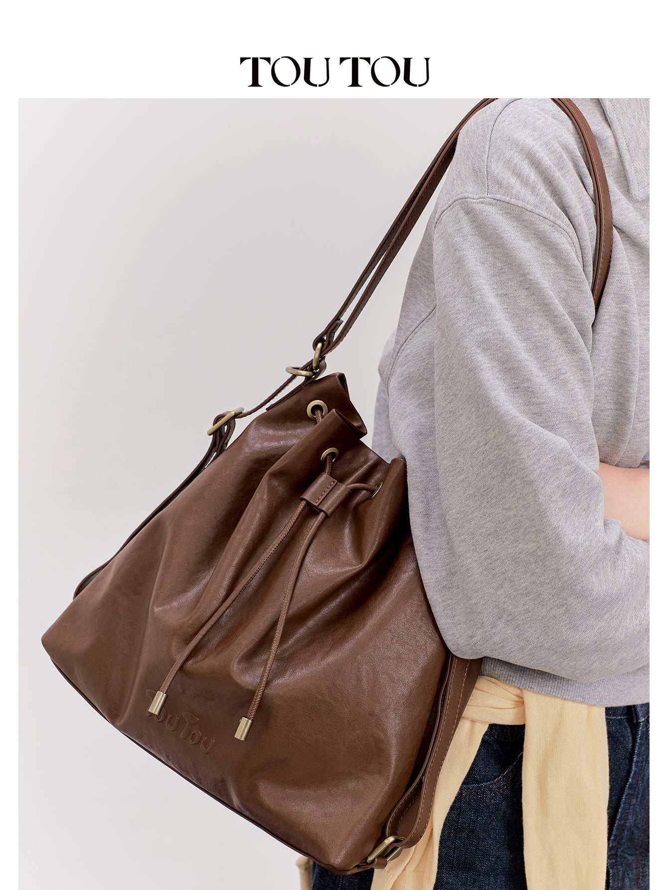 TOUTOU Cowhide Bucket Bag for Women - Drawstring Closure, Adjustable Strap Leather Shoulder Handbag