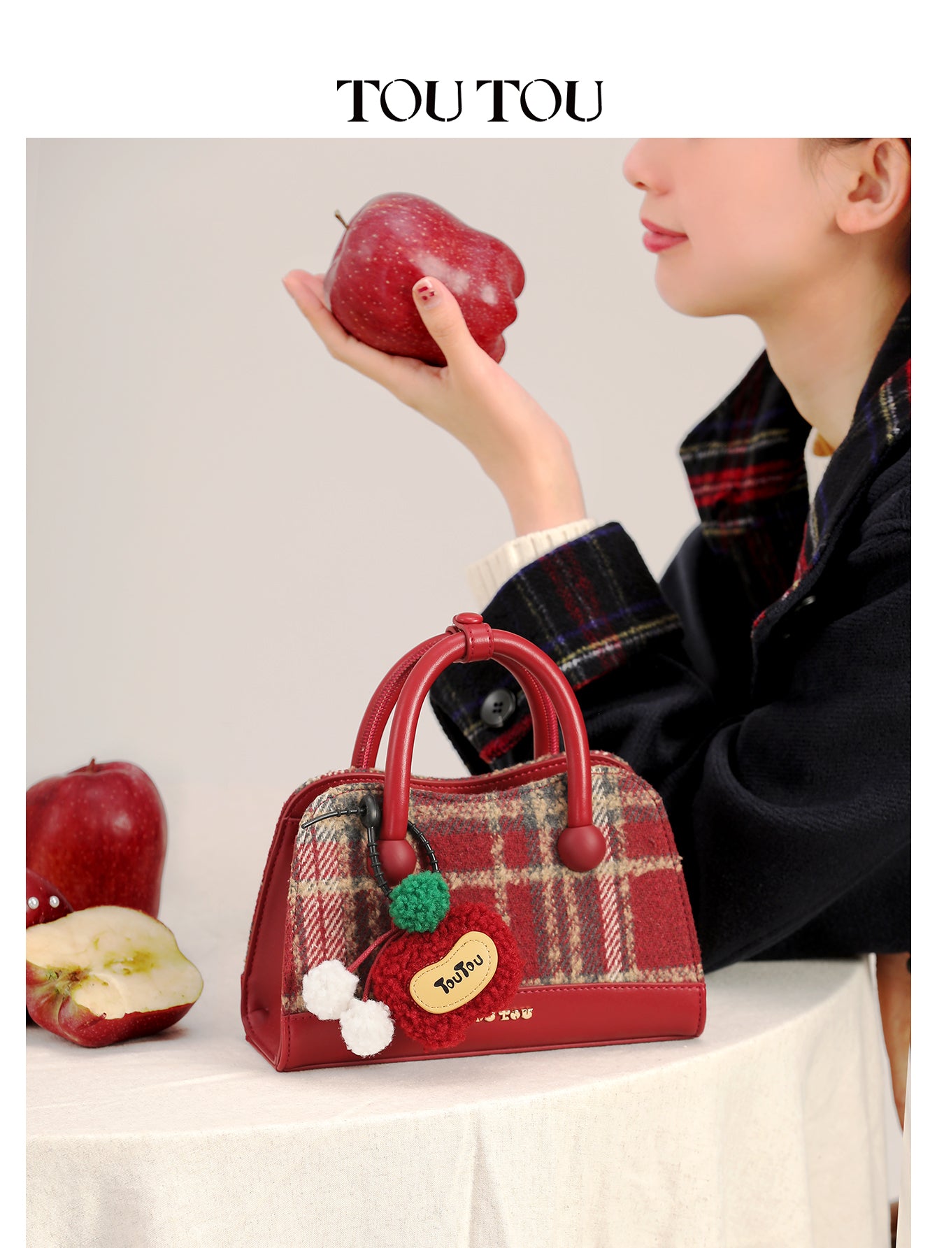 TOUTOU Plaid Mini Handbag - Cute Apple Charm, 2-Way Carry (Handheld & Crossbody), Vintage Checkered Design