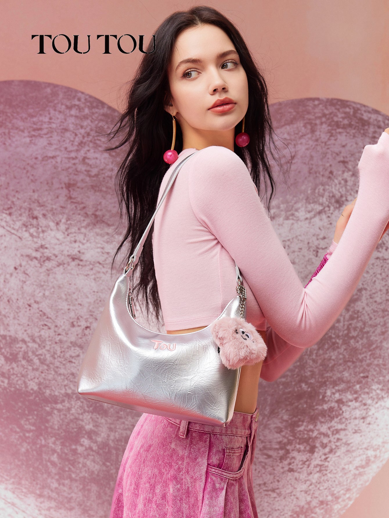 TOUTOU Metallic Hobo Bag with Plush Pendant: Shiny & Cute