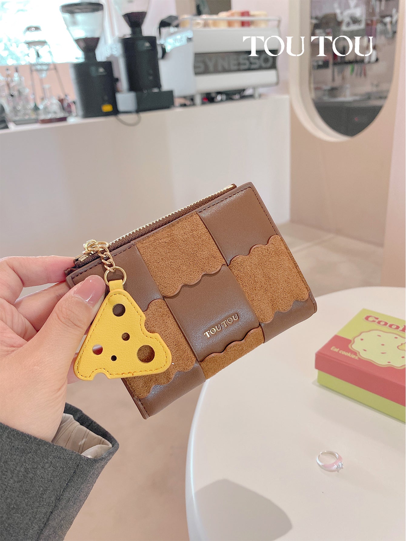 TOUTOU Patchwork Wallet with Cheese Pendant: Chic & Functional