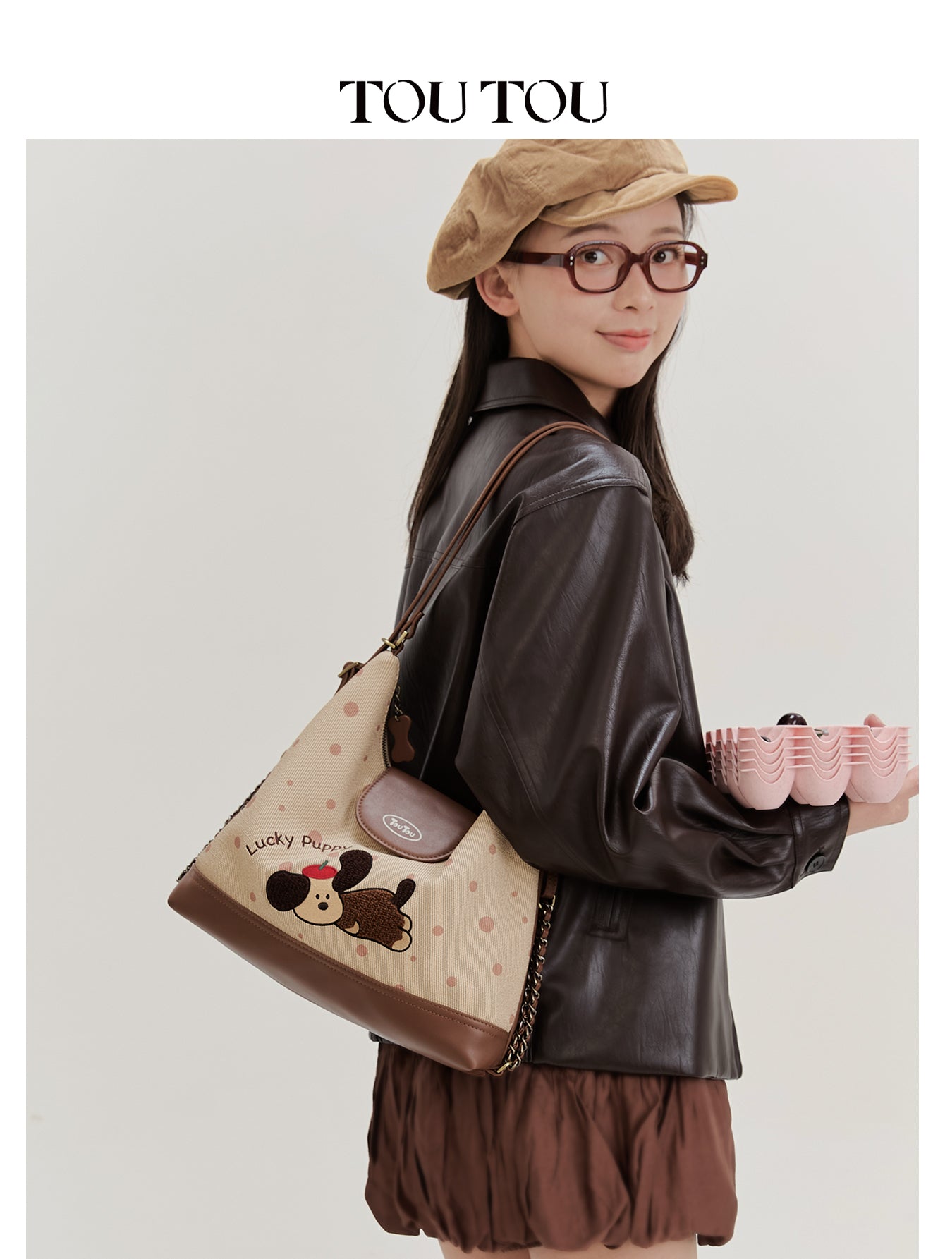 TOUTOU Cute Cartoon Puppy Embroidered Hobo Bag - Microfiber Leather Shoulder Bag with Adjustable Strap 41174