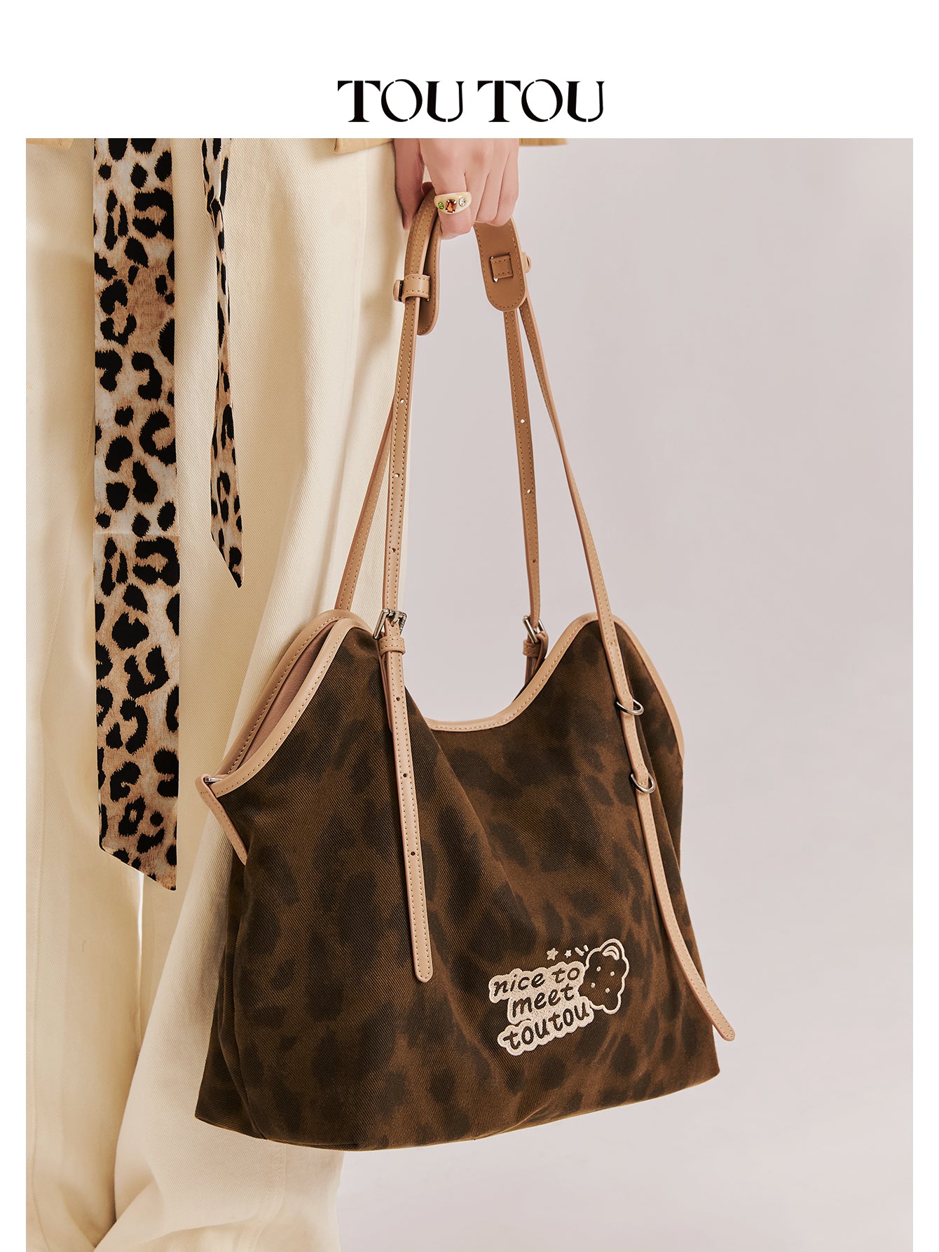 TOUTOU Leopard Print Tote Bag with “Nice to Meet Toutou” Embroidery - Spacious Shoulder Bag for Daily Use (Fits 13" Laptop)