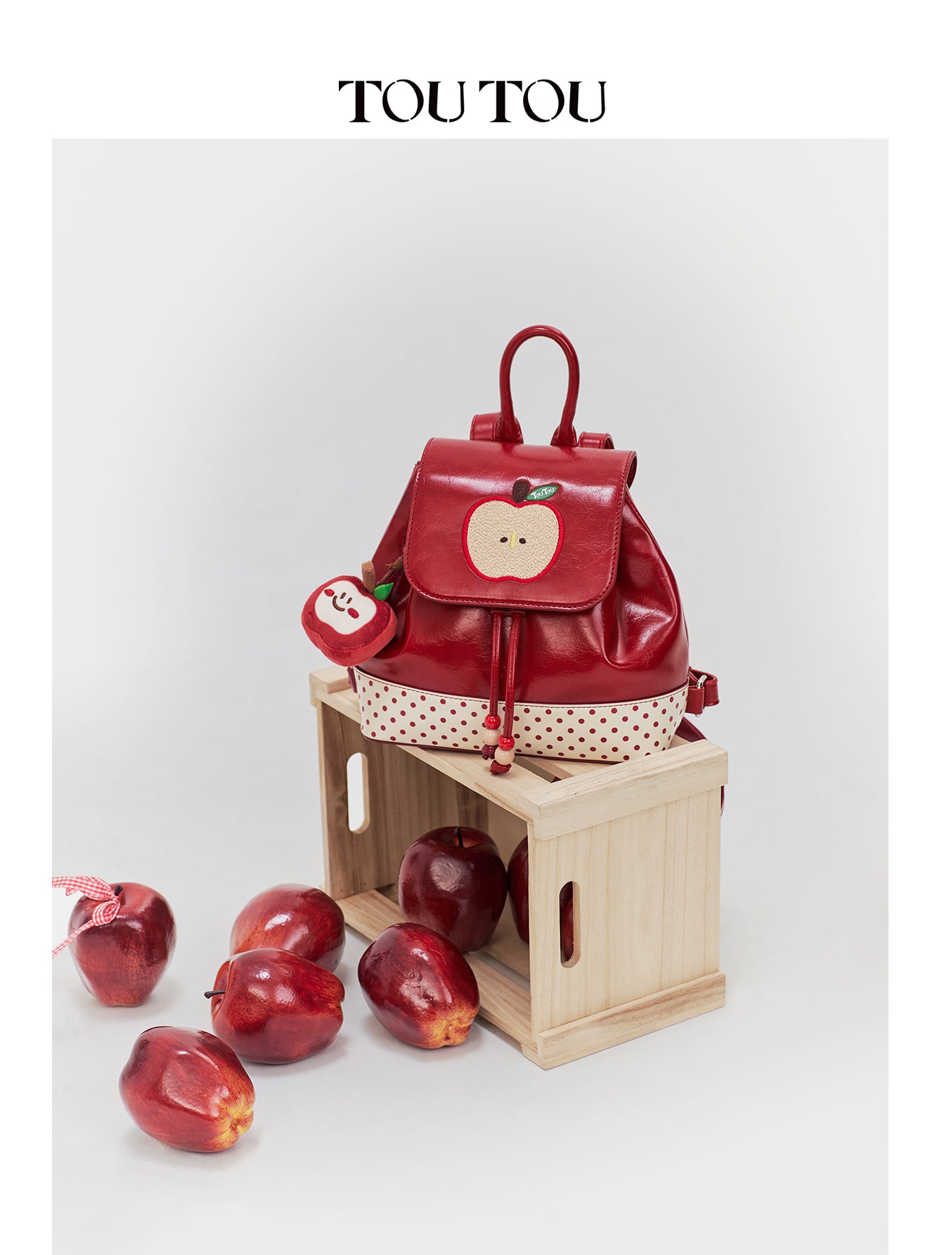 TOUTOU Cute Apple Embroidered Mini Backpack - Red Synthetic Leather Bag with Plush Pendant