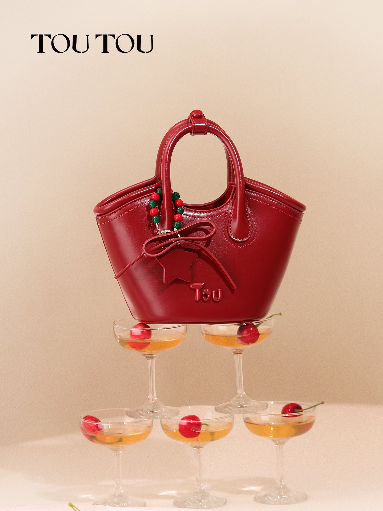 TOUTOU Red Bucket Bag: Star - Bead Accents, Chic Versatility