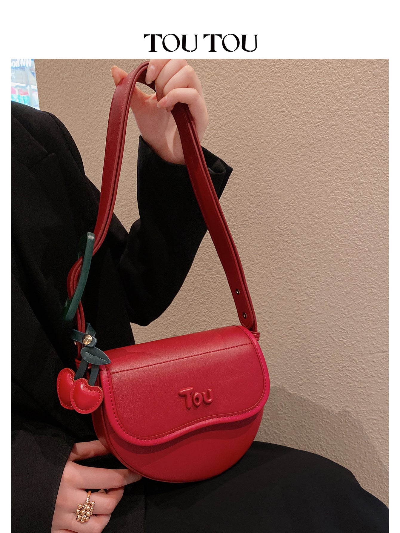 TOUTOU Red Saddle Bag: Cherry Accents & Adjustable Strap