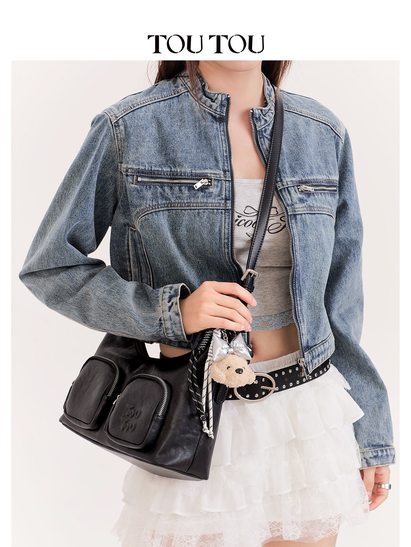 TOUTOU Black Hobo Bag with Plush Bear Pendant: Edgy & Cute