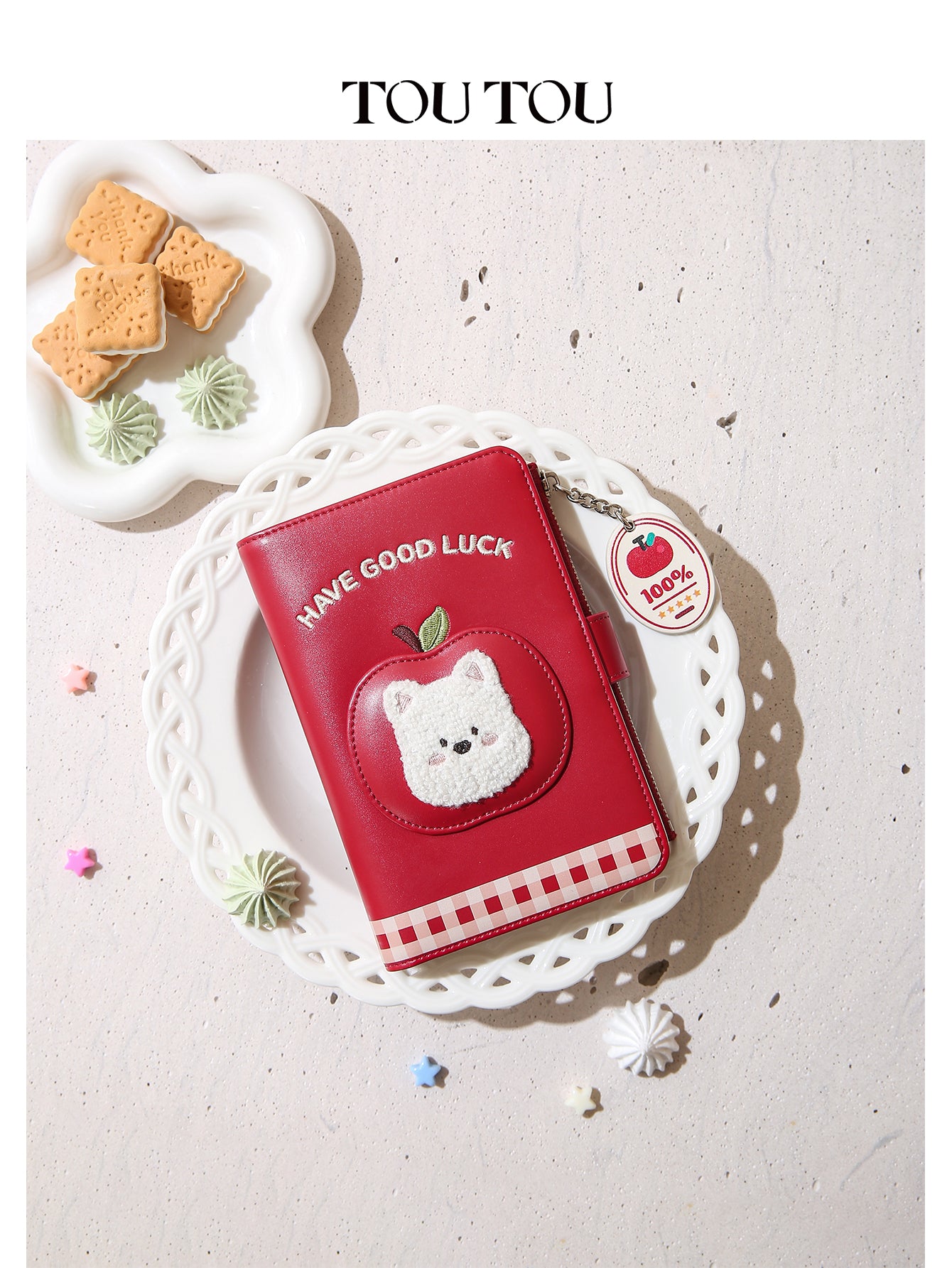 TOUTOU Cute Red “Have Good Luck” Wallet - Lucky Cat & Apple Charm, Multi-Slot Organizer for Cards, Cash & Passport