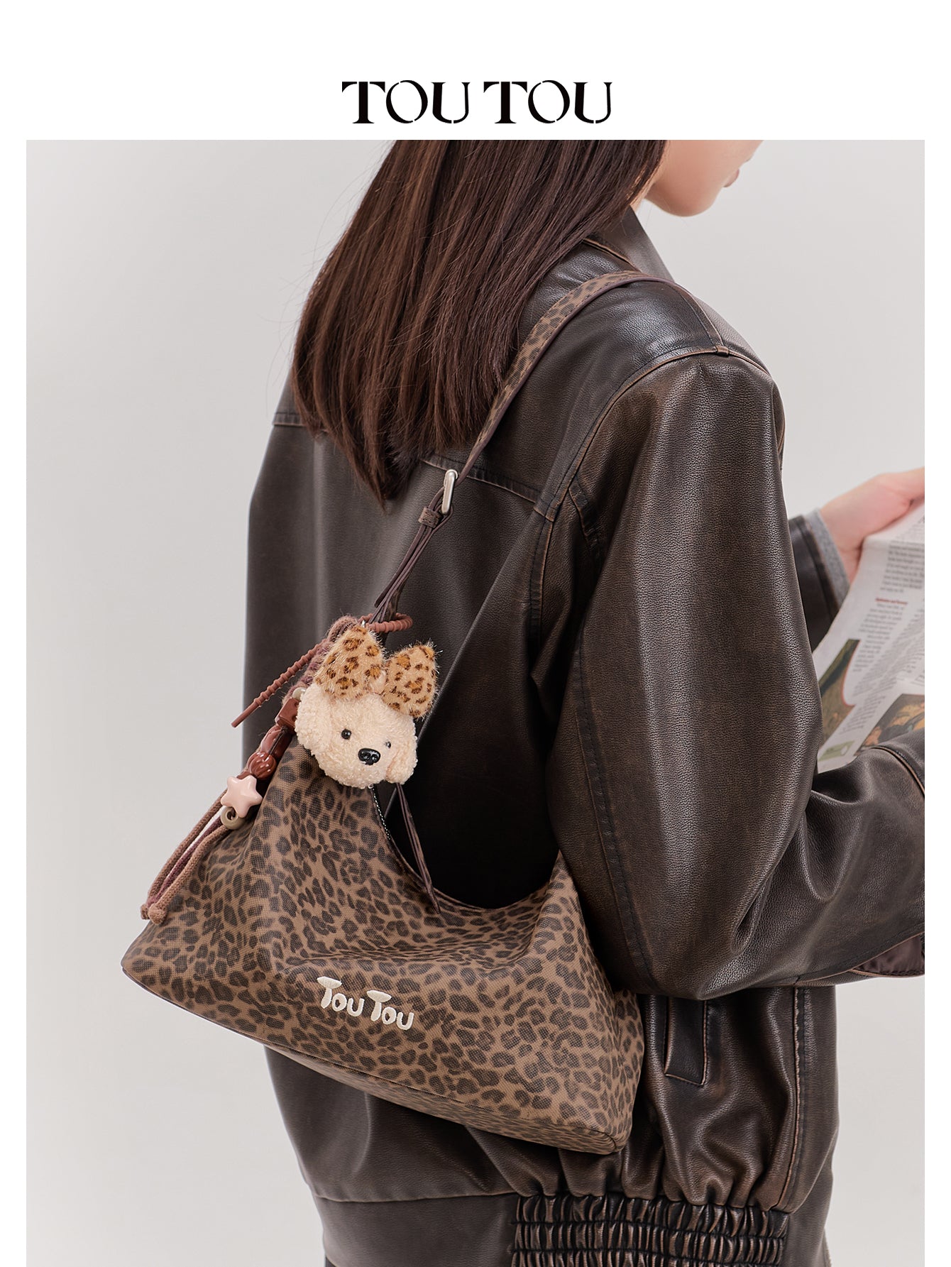 TOUTOU Leopard Print Hobo Bag for Women with Plush Puppy Pendant | Adjustable Strap & Synthetic Leather