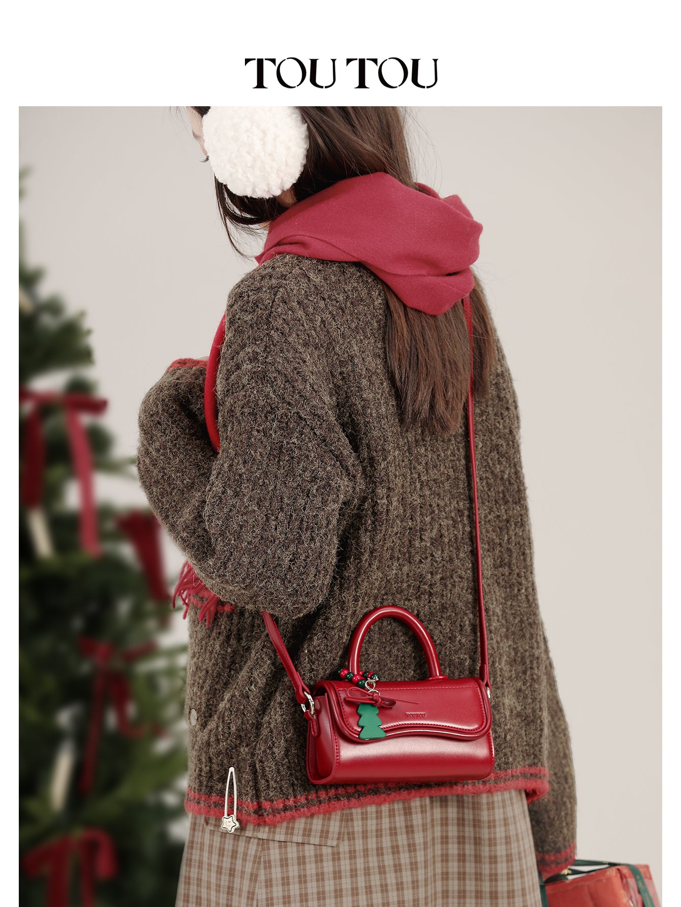TOUTOU Christmas Tree Decor Faux Leather Handbag - Mini Top Handle & Crossbody Bag for Women