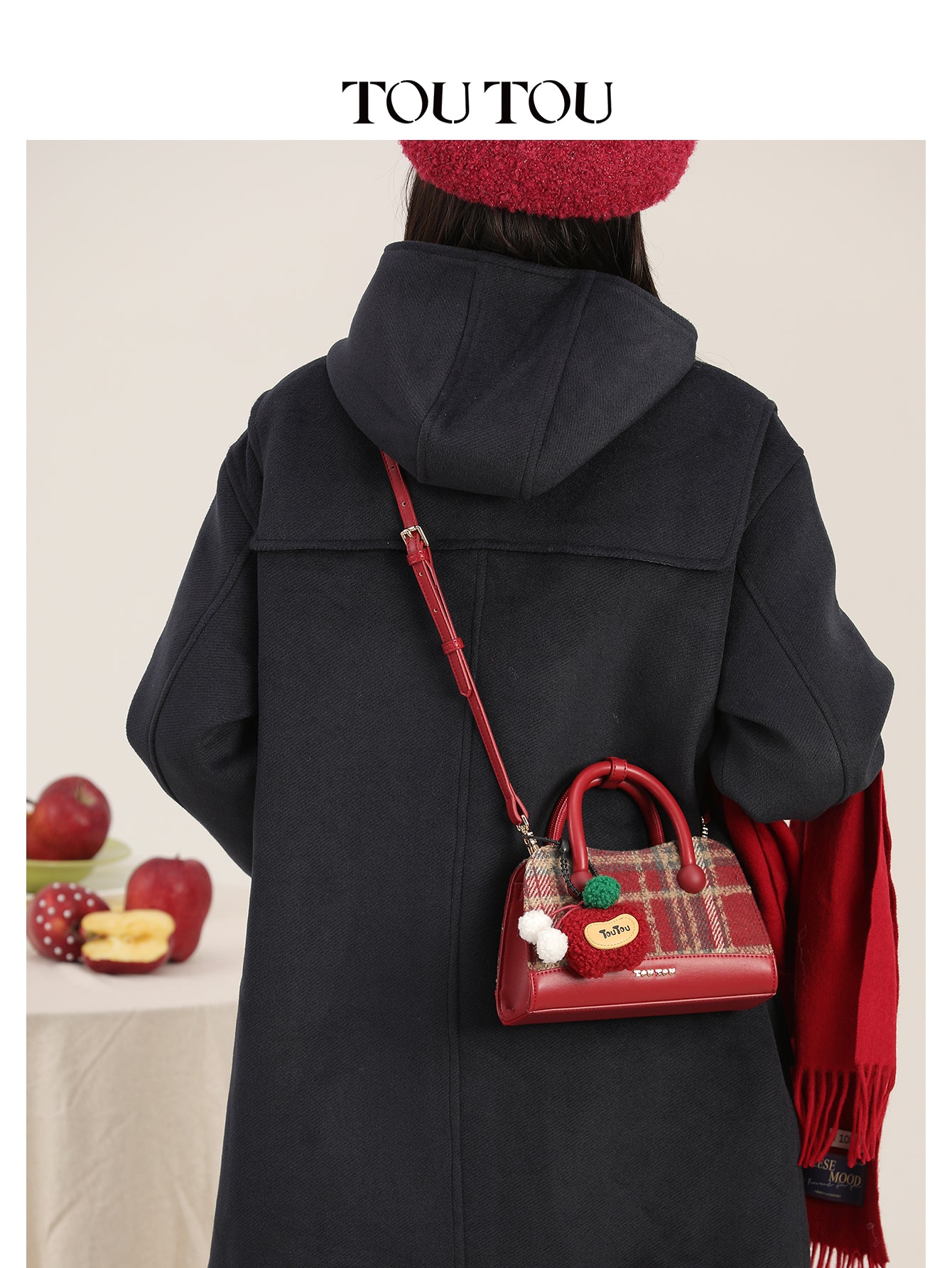 TOUTOU Plaid Mini Handbag - Cute Apple Charm, 2-Way Carry (Handheld & Crossbody), Vintage Checkered Design