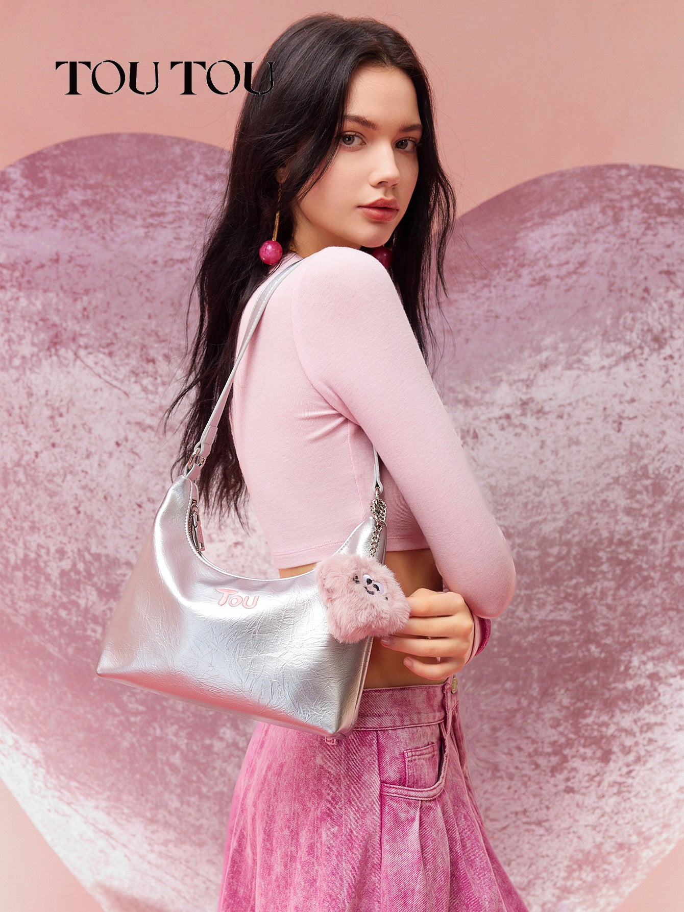 TOUTOU Metallic Hobo Bag with Plush Pendant: Shiny & Cute
