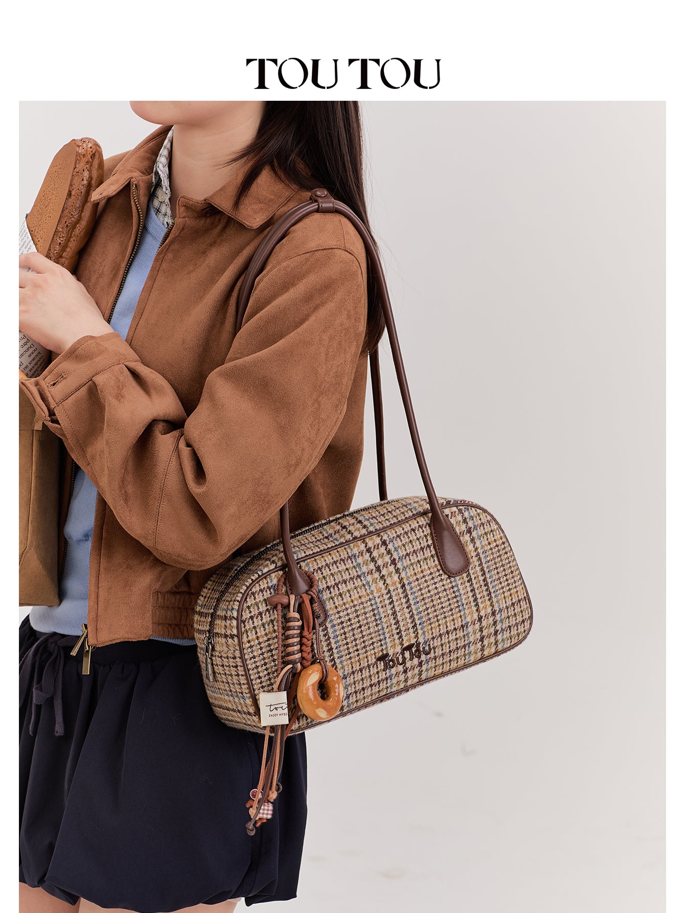 TOUTOU Plaid Woolen Shoulder Bag - Retro Style Top-Handle Bag with Donut Pendant