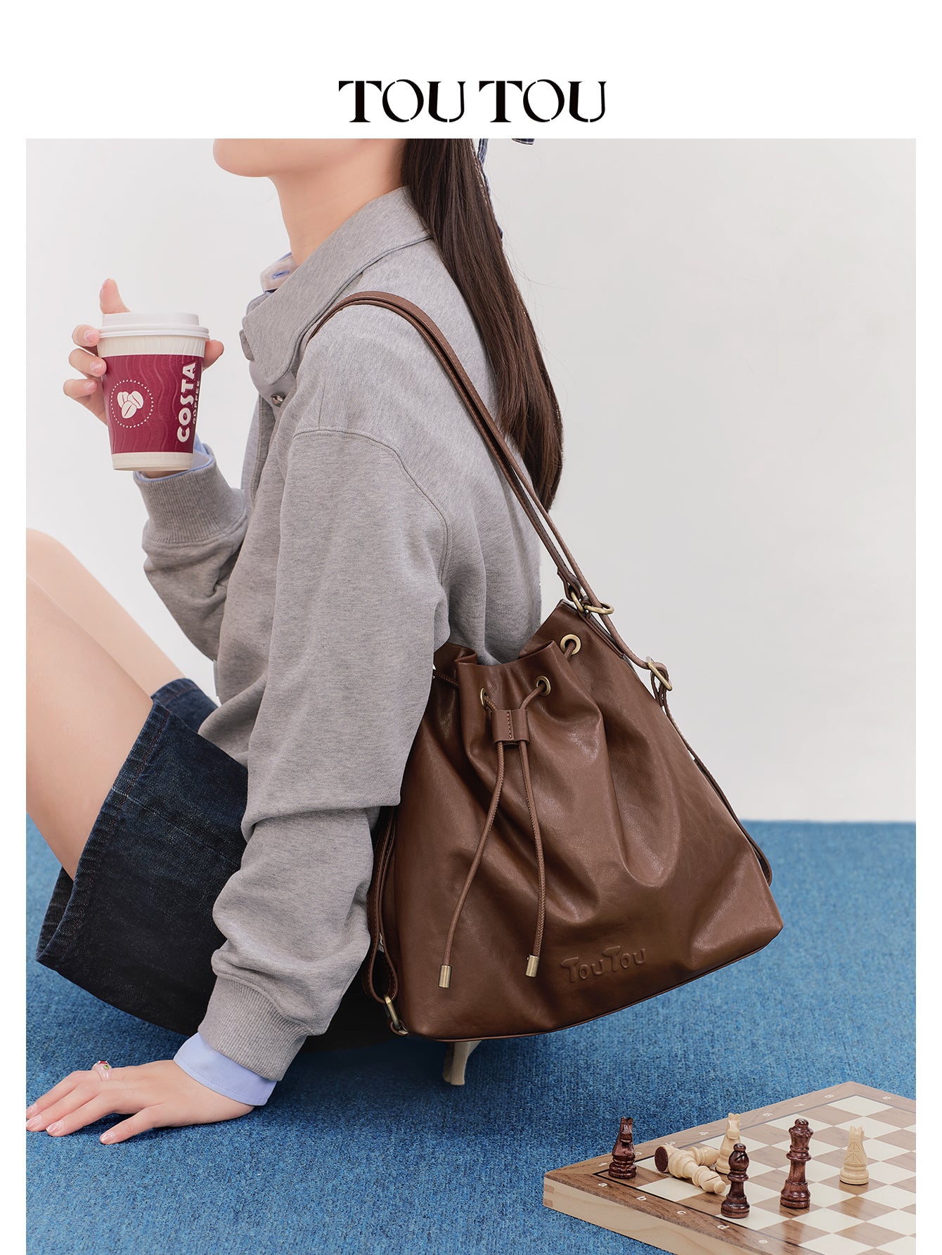 TOUTOU Cowhide Bucket Bag for Women - Drawstring Closure, Adjustable Strap Leather Shoulder Handbag