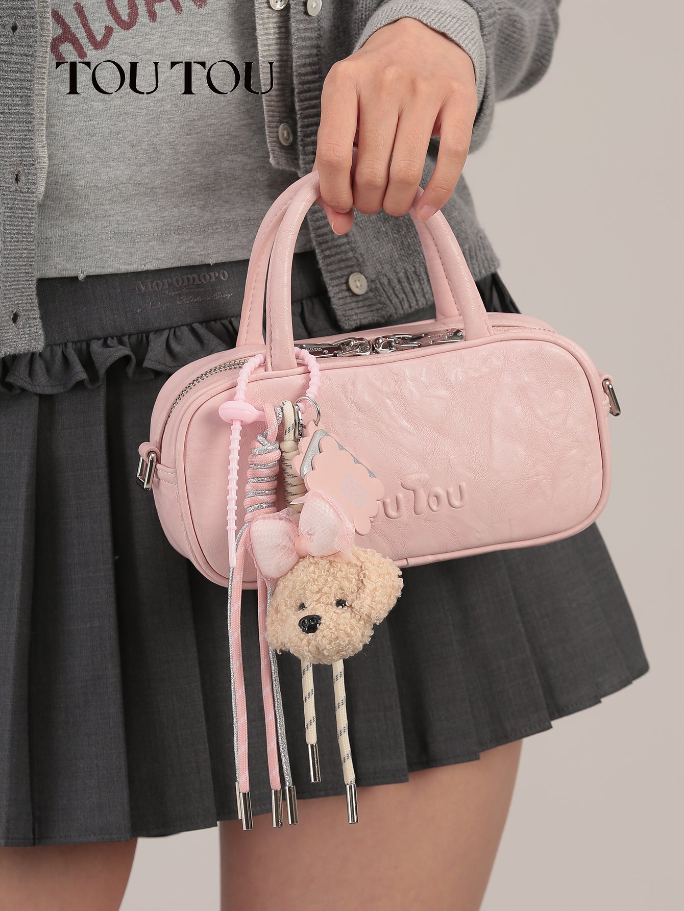 TOUTOU Pink Mini Barrel Bag with Plush Puppy Pendant: Sweet & Stylish Daily Companion