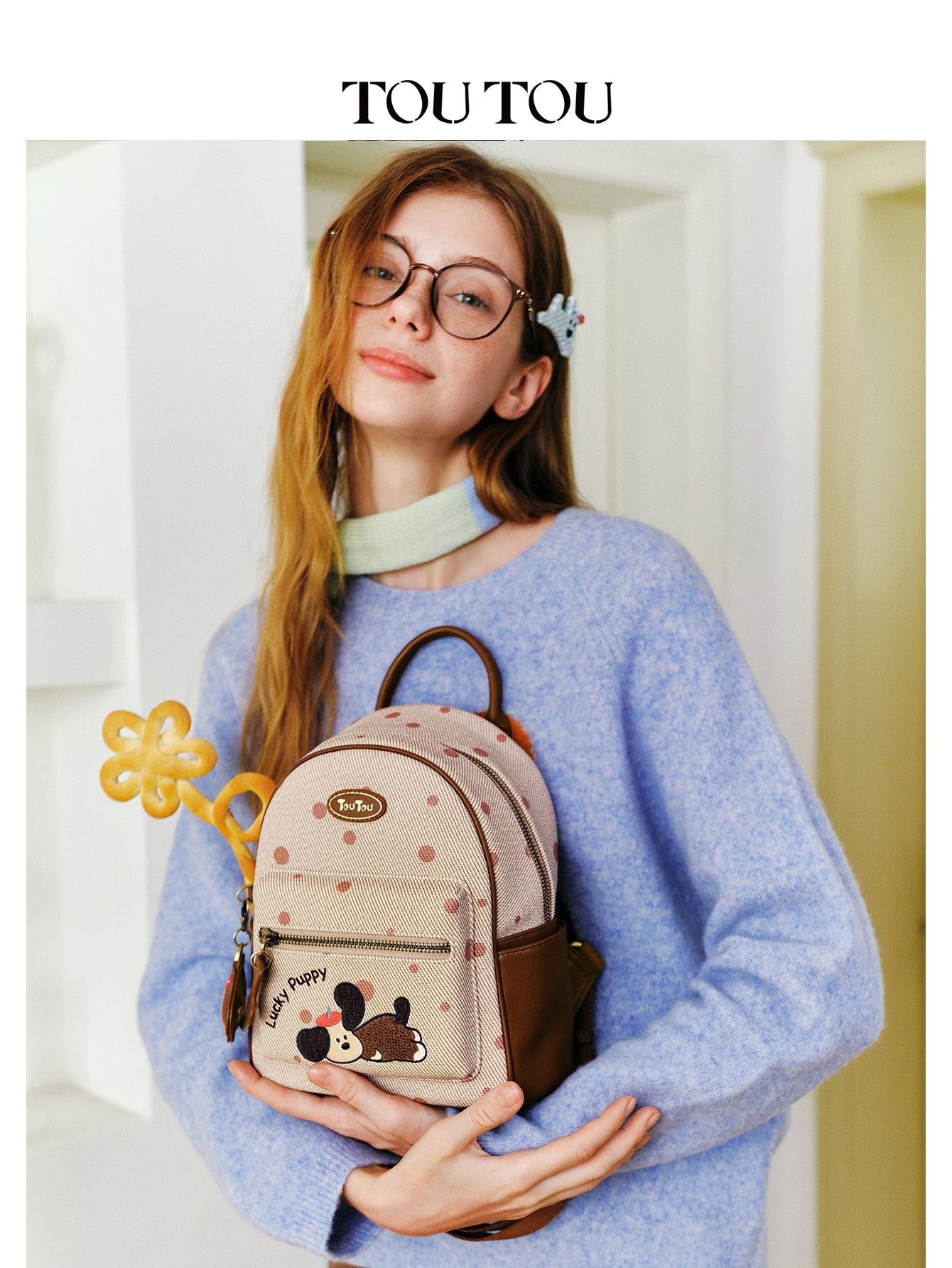 TOUTOU Cartoon Puppy Mini Backpack for Women - Polka Dot Design with Adjustable Strap & Multiple Pockets