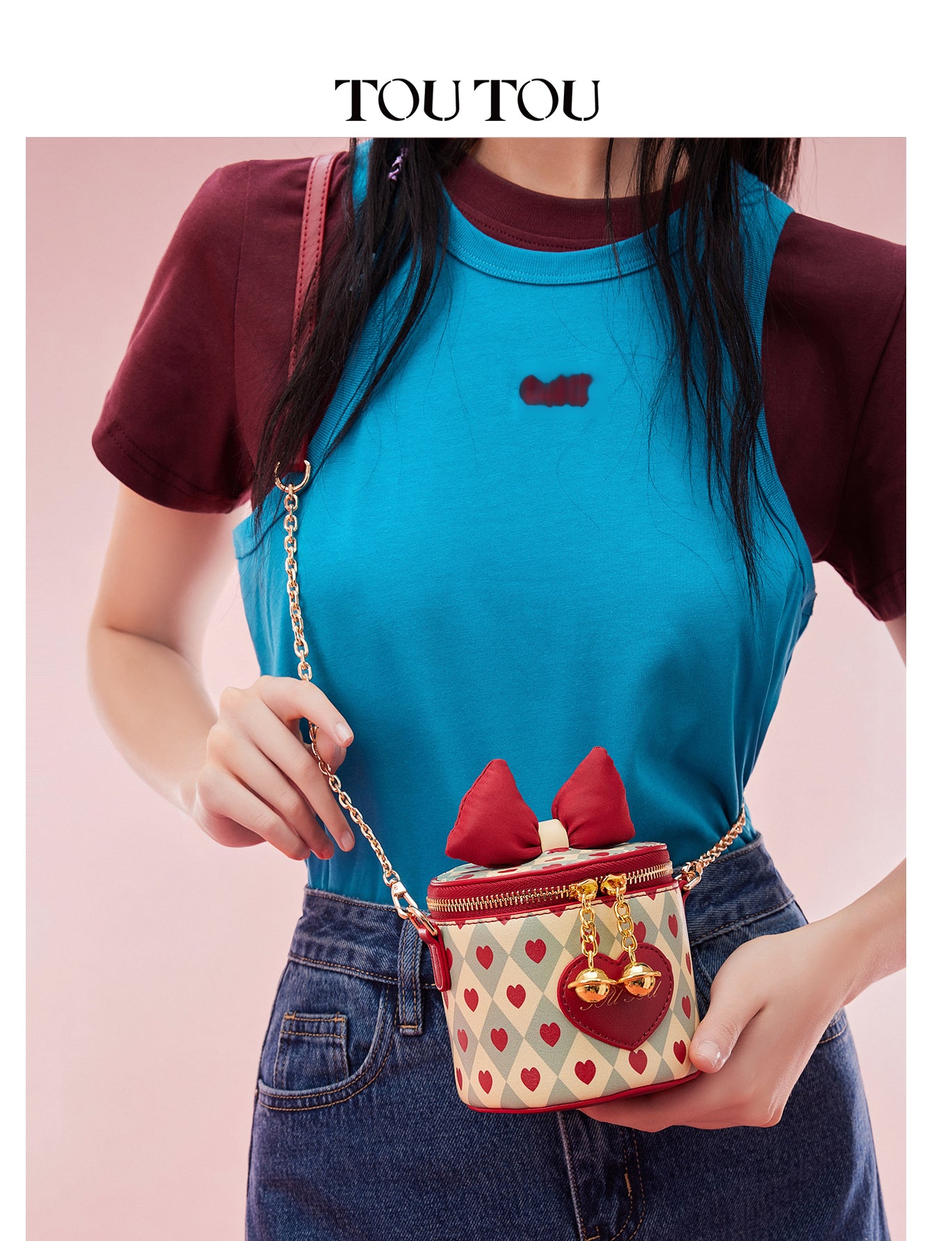 TOUTOU Heart Print Cylinder Crossbody Bag - Cute Bow Decor Mini Shoulder Bag with Chain Strap