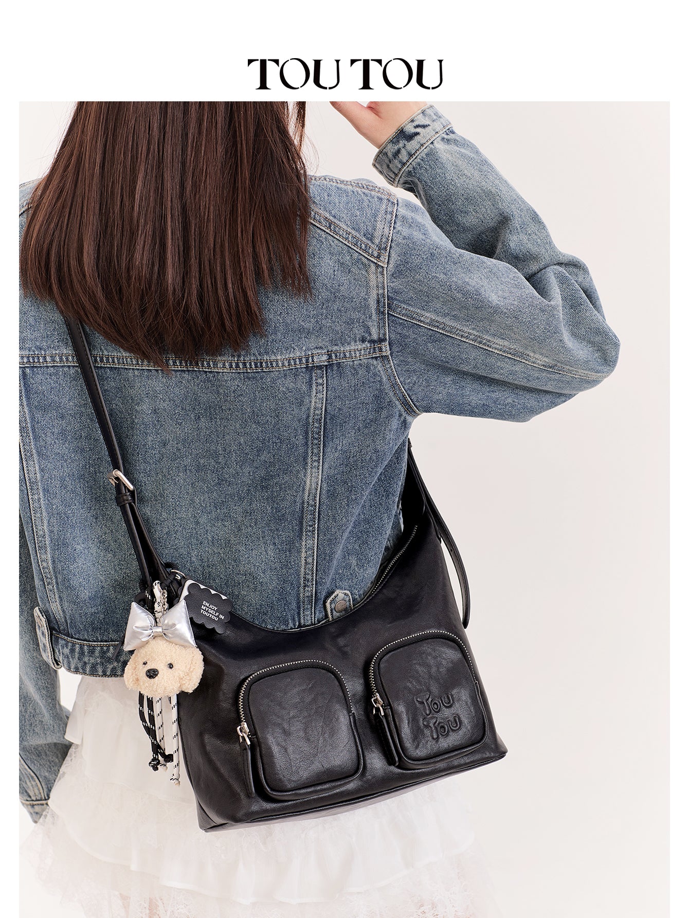 TOUTOU Black Hobo Bag with Plush Bear Pendant: Edgy & Cute