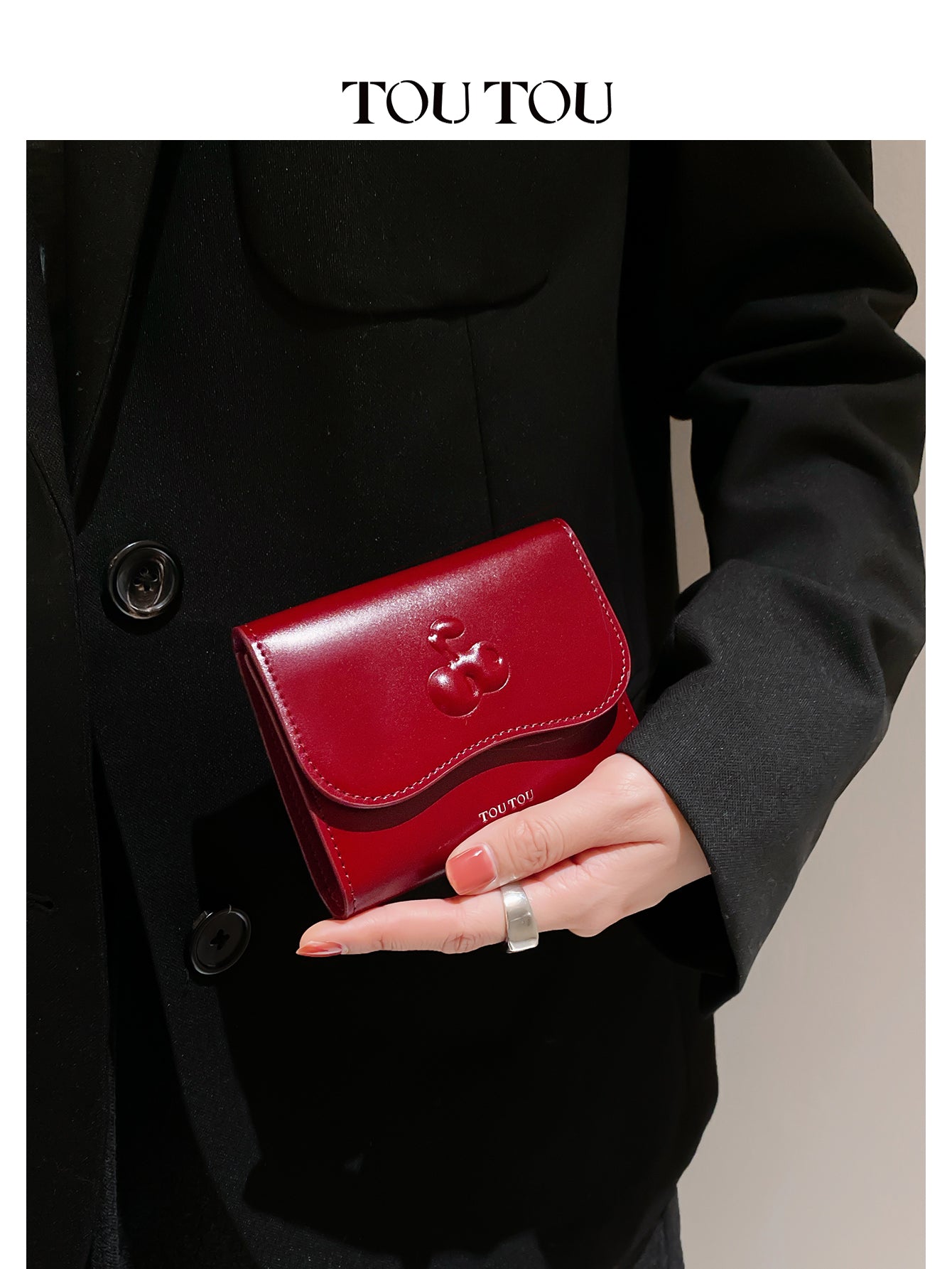 TOUTOU Cherry - Embossed Red Wallet: Chic & Compact Card Holder