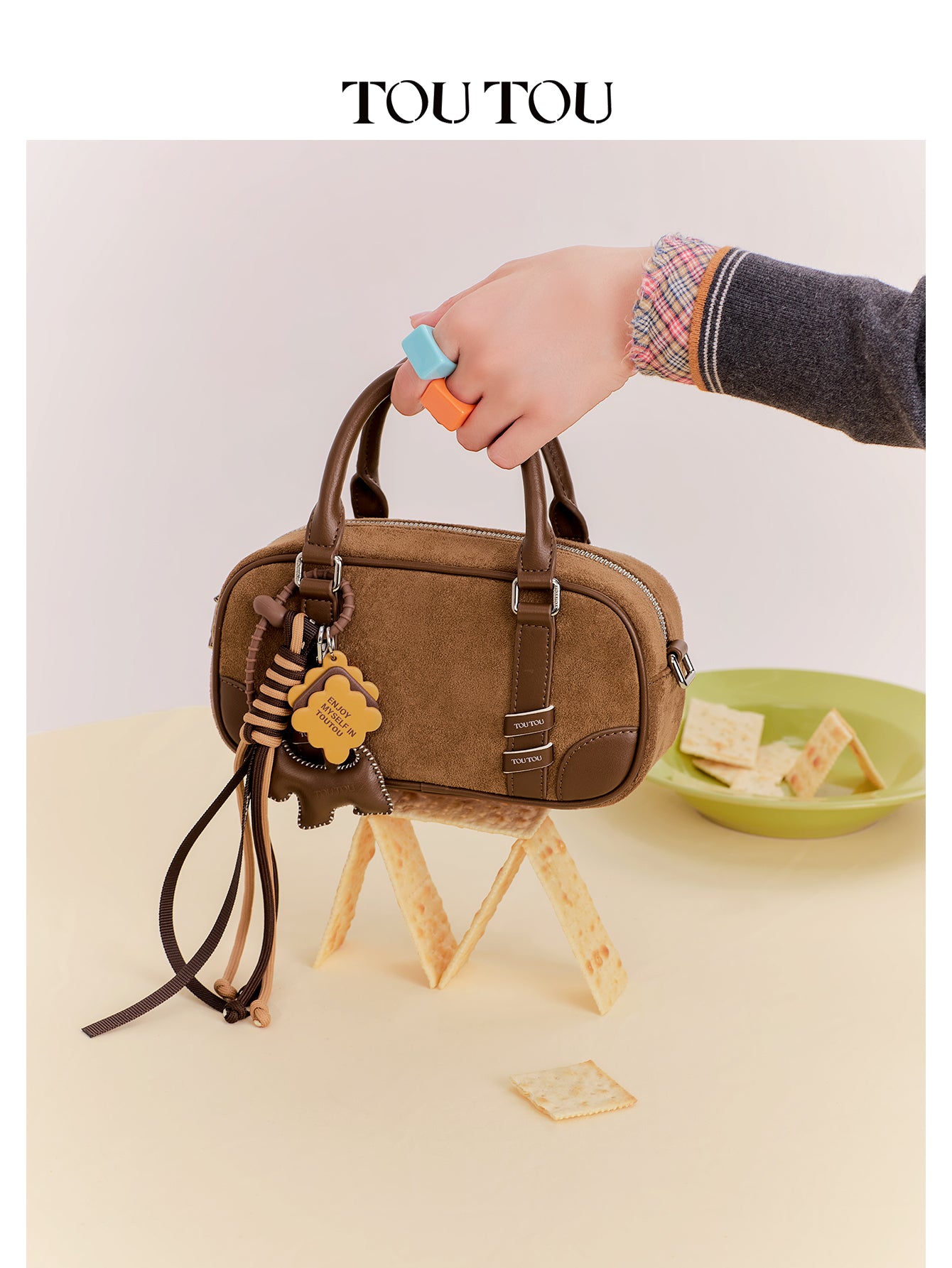 TOUTOU Brown Suede Boston Bag with Cute Pendant: Stylish & Compact