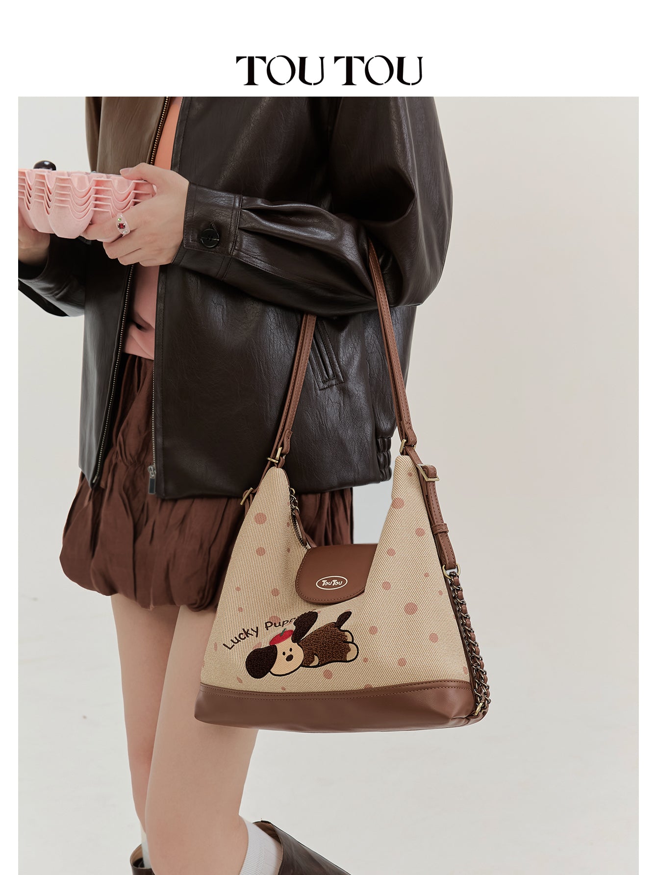 TOUTOU Cute Cartoon Puppy Embroidered Hobo Bag - Microfiber Leather Shoulder Bag with Adjustable Strap 41174