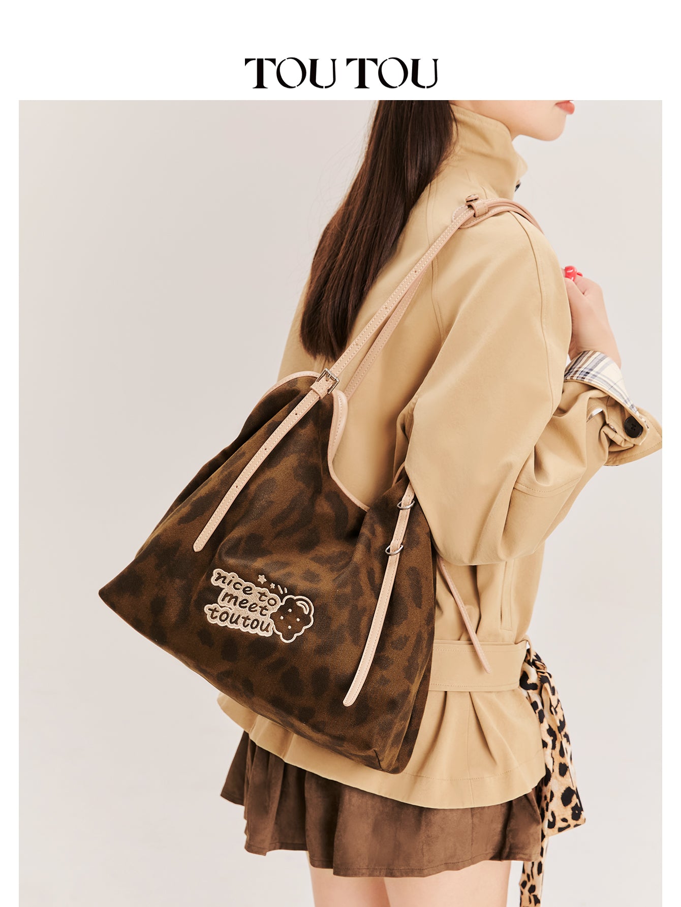 TOUTOU Leopard Print Tote Bag with “Nice to Meet Toutou” Embroidery - Spacious Shoulder Bag for Daily Use (Fits 13" Laptop)