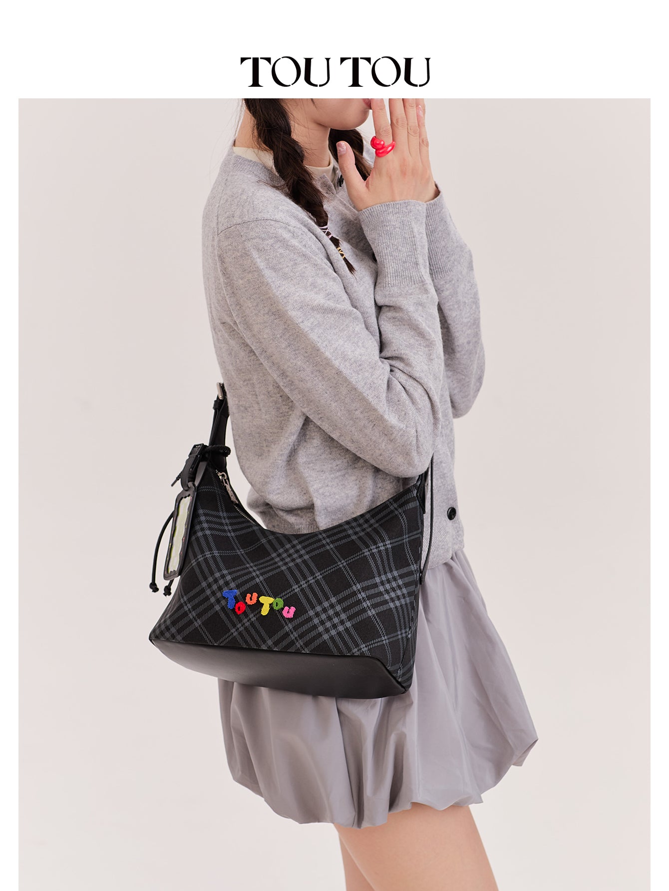 TOUTOU Black Plaid Hobo Bag with Colorful Branding: Trendy & Playful