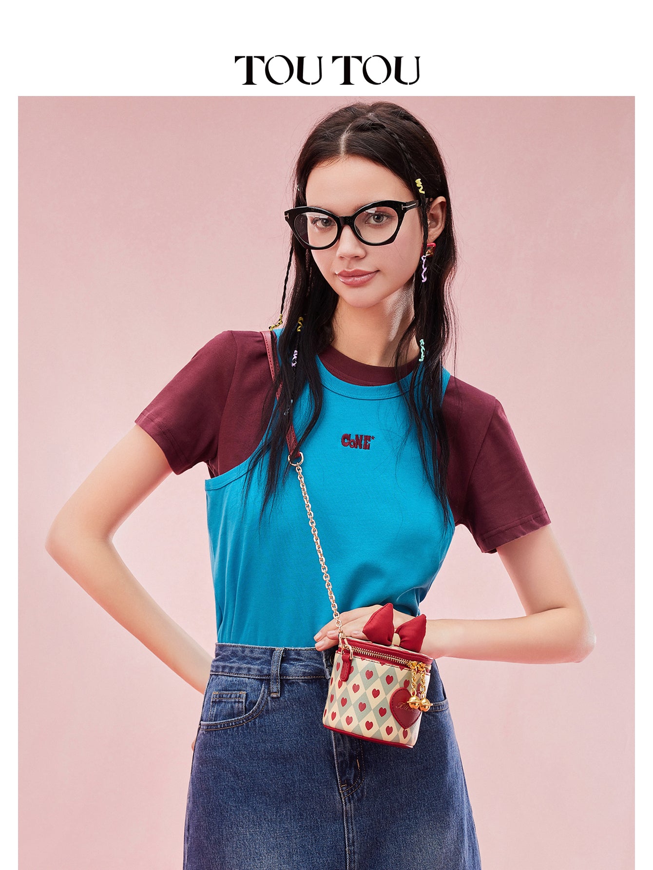 TOUTOU Heart Print Cylinder Crossbody Bag - Cute Bow Decor Mini Shoulder Bag with Chain Strap