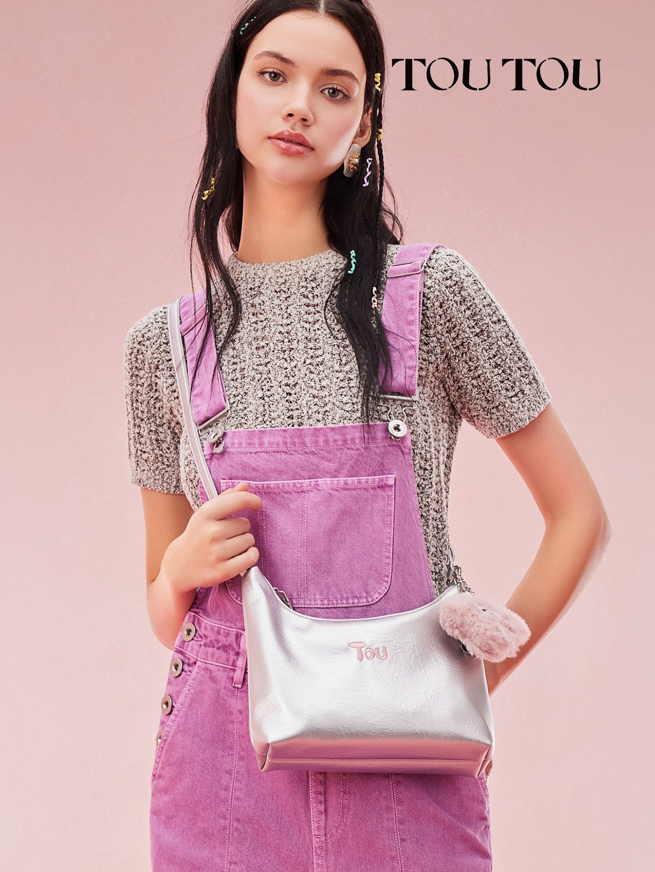 TOUTOU Metallic Hobo Bag with Plush Pendant: Shiny & Cute