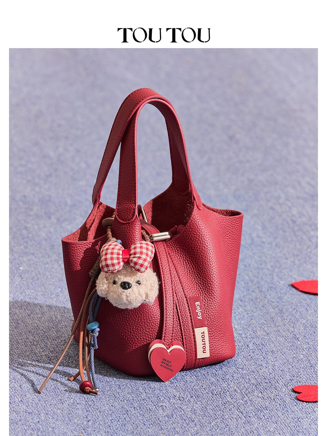 TOUTOU Red Cowhide Bucket Bag: Cute Teddy Charm & Versatile Style