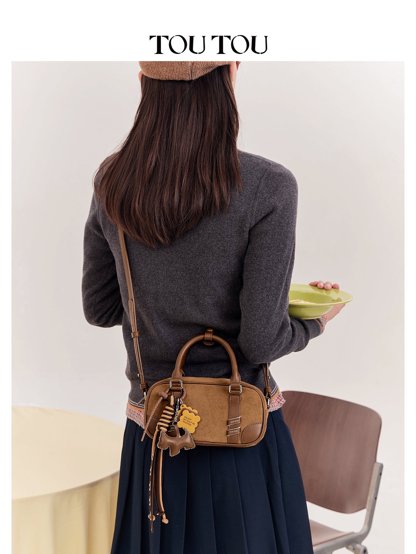 TOUTOU Brown Suede Boston Bag with Cute Pendant: Stylish & Compact