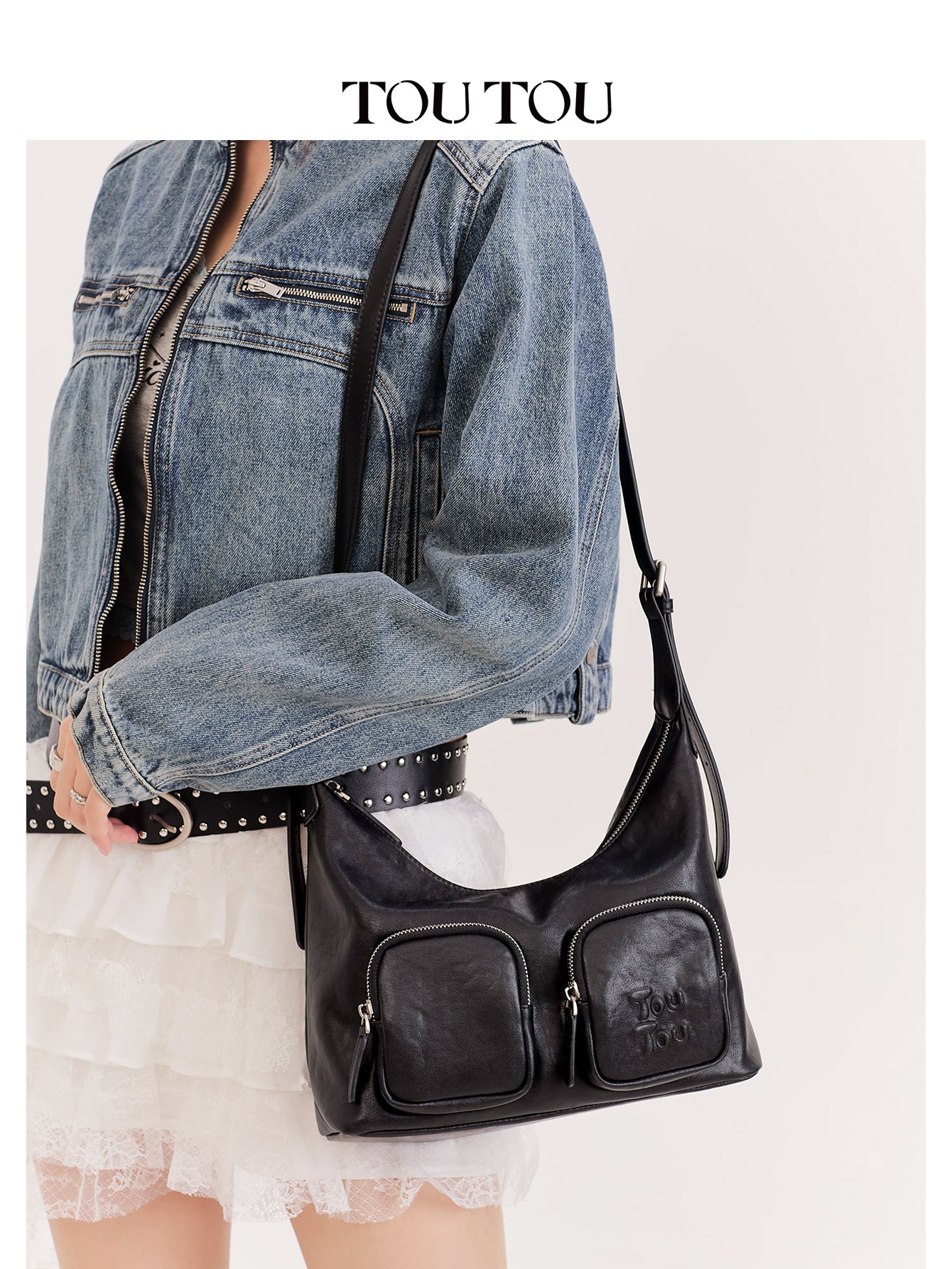 TOUTOU Black Hobo Bag with Plush Bear Pendant: Edgy & Cute