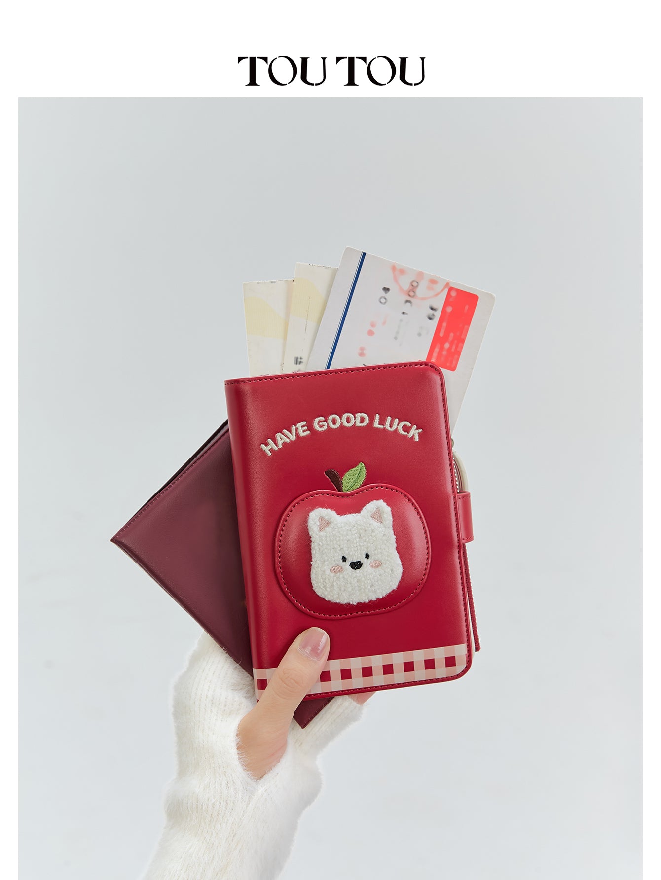 TOUTOU Cute Red “Have Good Luck” Wallet - Lucky Cat & Apple Charm, Multi-Slot Organizer for Cards, Cash & Passport